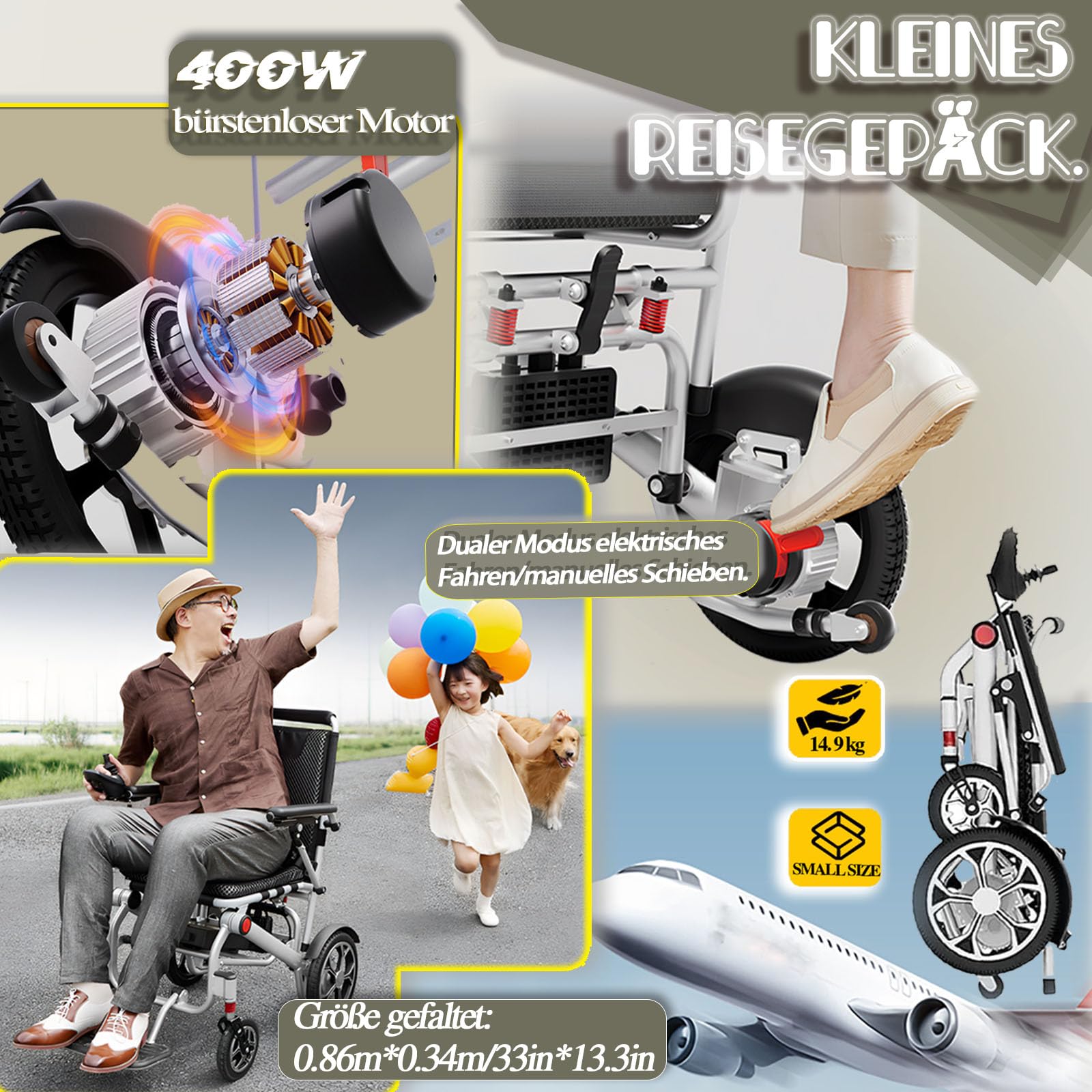 Silla de ruedas eléctrica ligera y plegable, silla de ruedas motorizada todo terreno para adultos, motores potentes sin escobillas de 400W, sillas de ruedas eléctricas inteligentes,20a/range 21mi