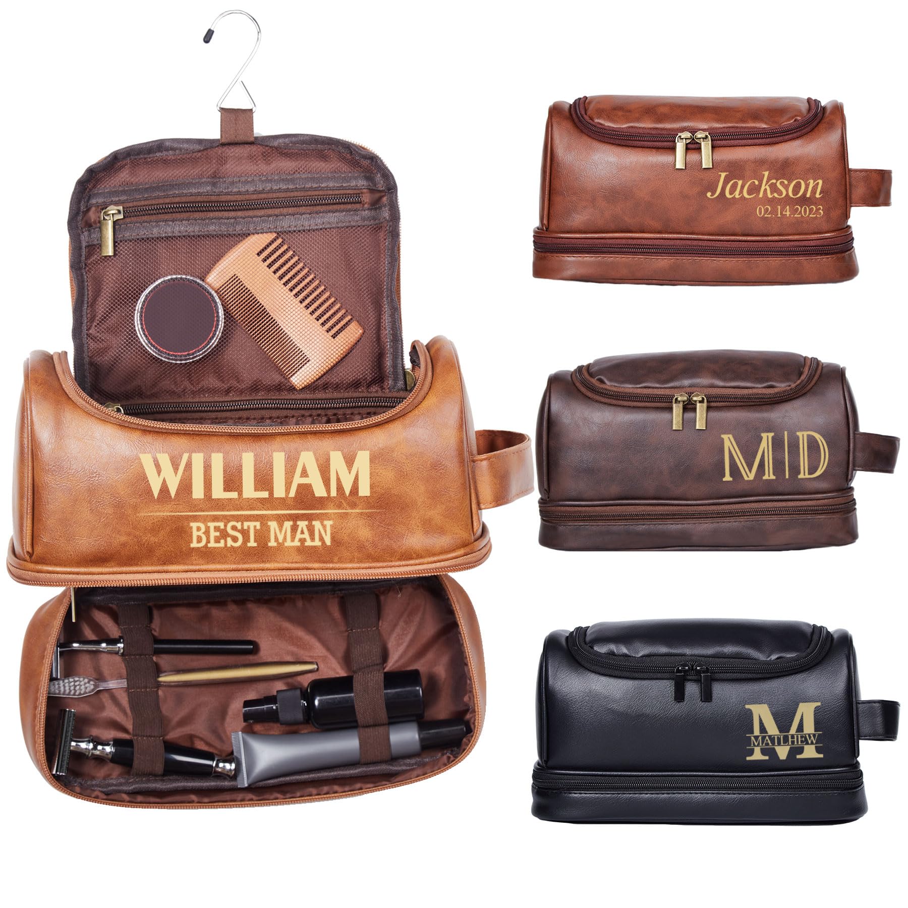 Flycalf Personalized Toiletry Bag for Men Leather Toiletries with Hanging Hook Shaving Bag Bathroom Organizer Leather Engraved Text Shower Toiletries