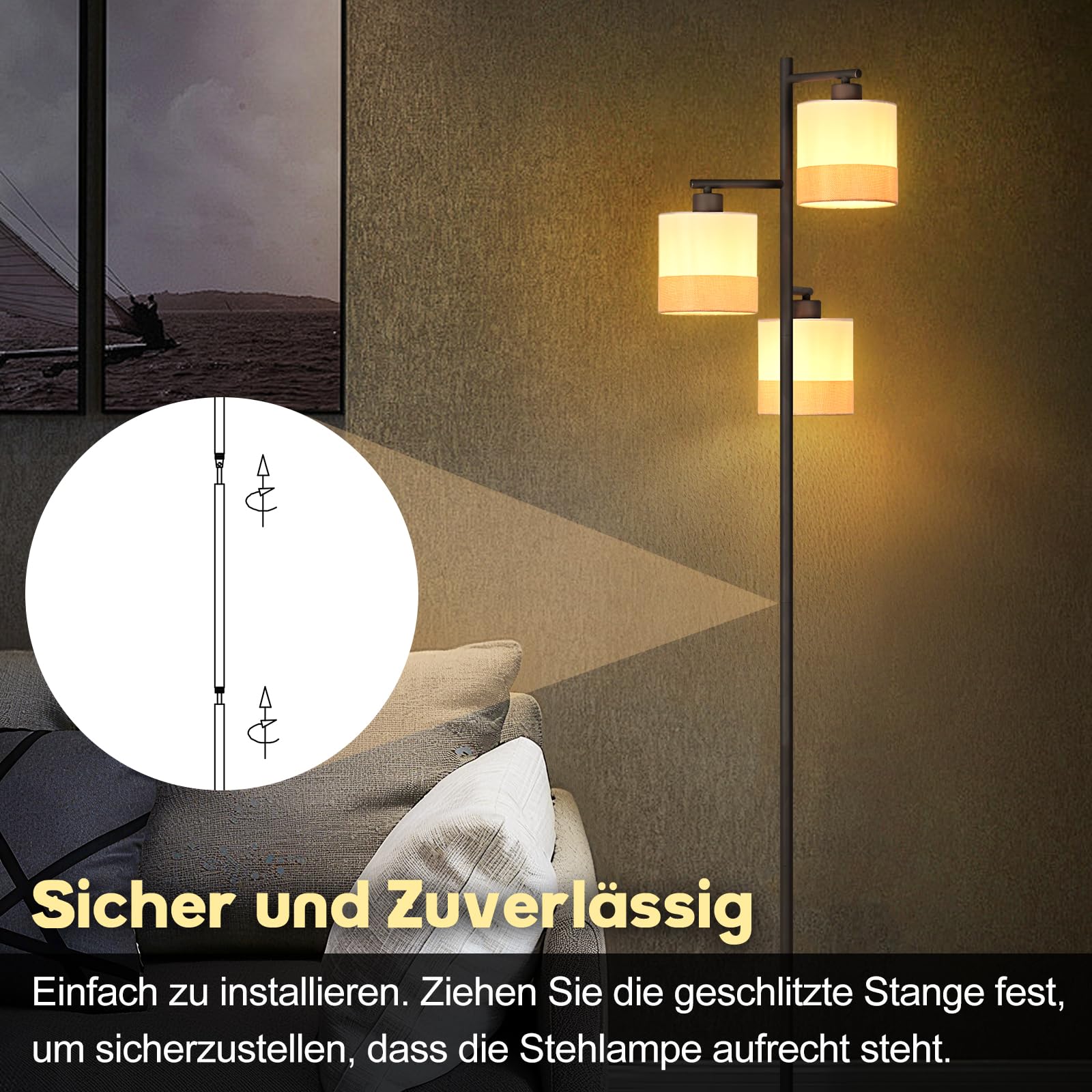 CBJKTX Stehlampe Wohnzimmer Stehleuchte Vintage - Stoff Standlampe 3 Flammig Standleuchte Schwarz Retro Leselampe E27 Rustikal Bodenlampe mit Fußschalter für Schlafzimmer Büro (ohne Leuchtmittel) | Flammig Standleuchte Schwarz Retro Leselampe E27 Rustikal