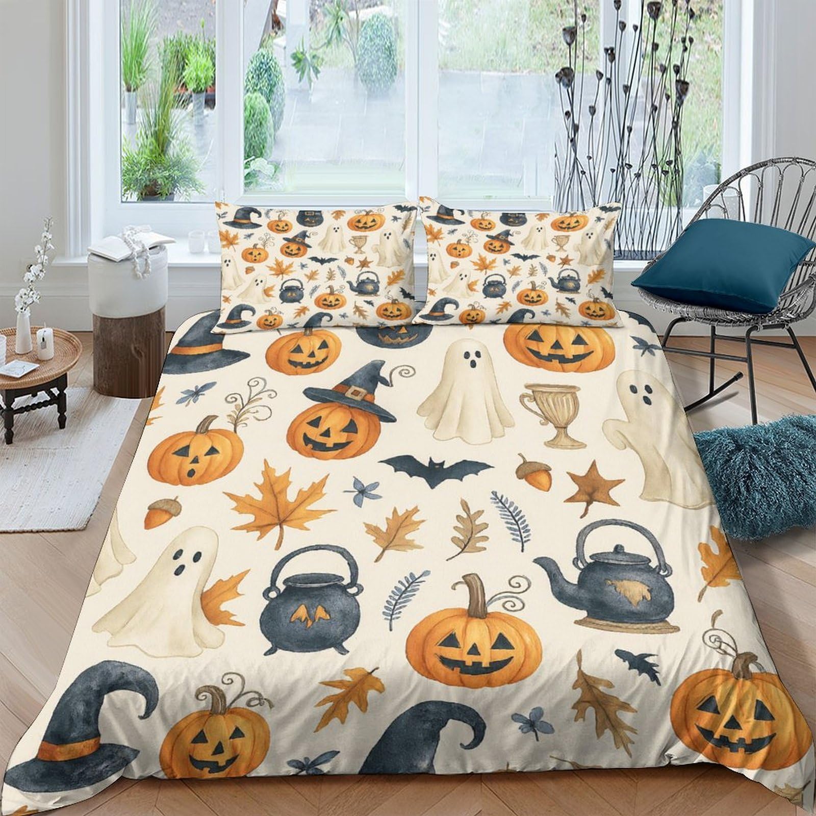 Ctjqhvkz Style-9 3D Printed Halloween Pumpkin Fitted Sheet Microfiber Autumn Bat Mattress Cover For Bedroom Dorm Protective Décor Single（135X200cm）