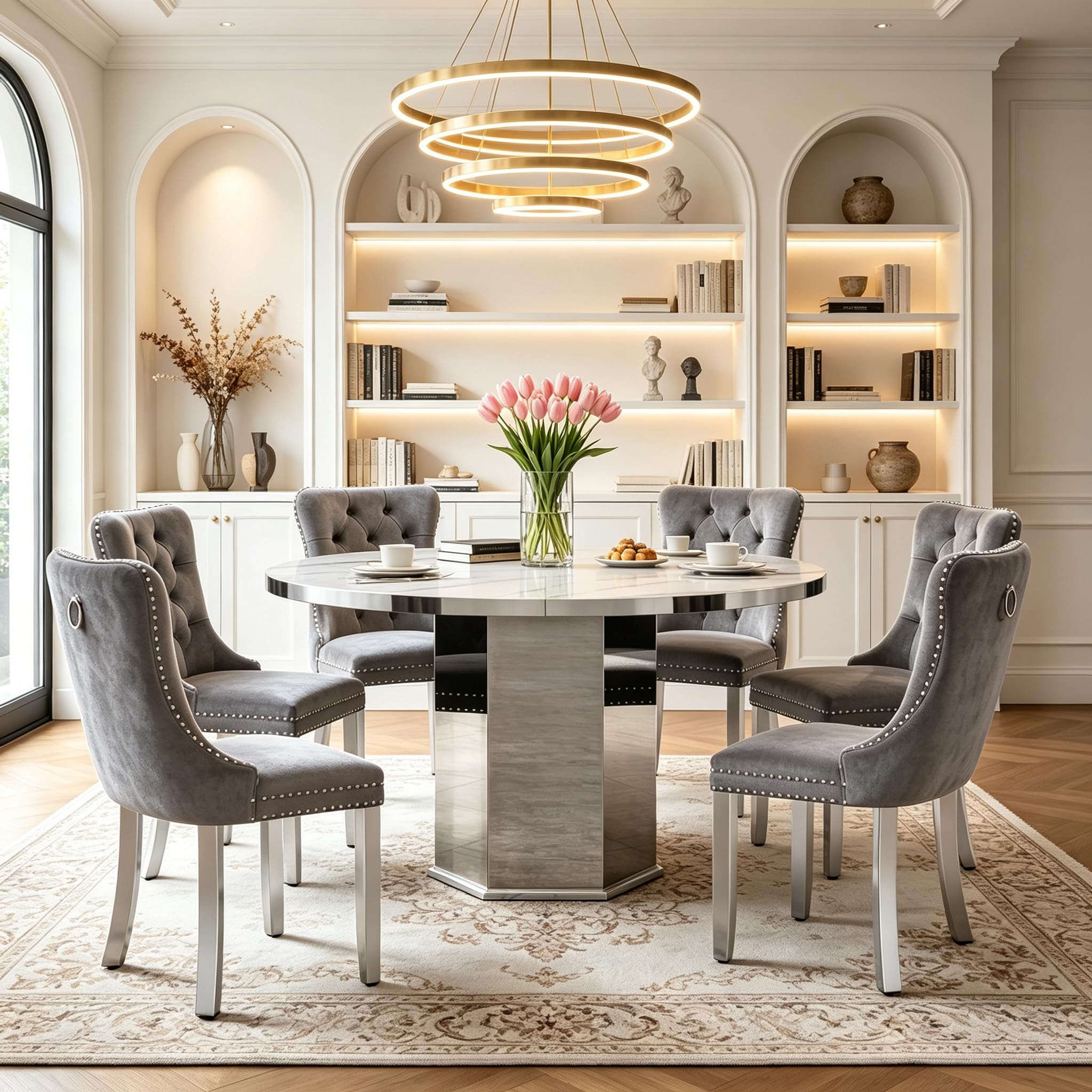 7 Pieces White Faux Marble Extendable Dining Table Set, 47"-63" Round Expanding Kitchen and Dining Room Table Set for 6 with Mirrored Acrylic Base &amp; Grey Velvet Upholstered Chairs