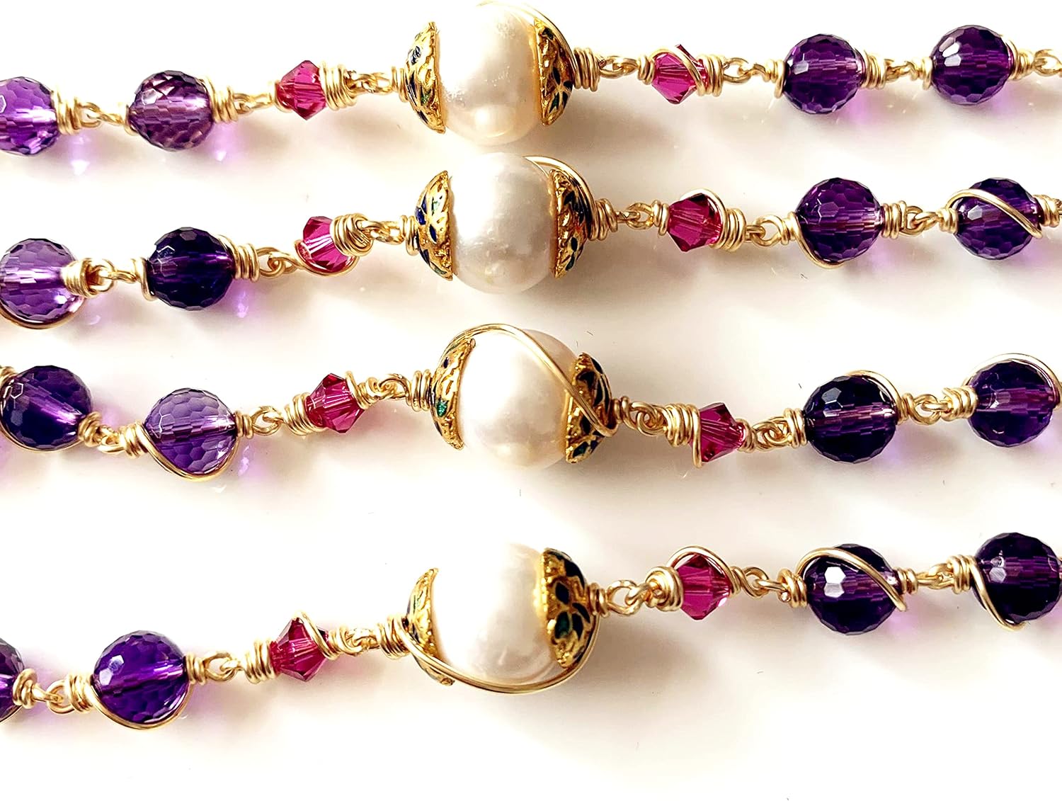 elegantmedical HANDMADE Gold Wire Wrapped Amethyst Beads &10mm Real Pearl Beads Rosary Cross/Crucifix Necklace Gift Box (Amethyst)