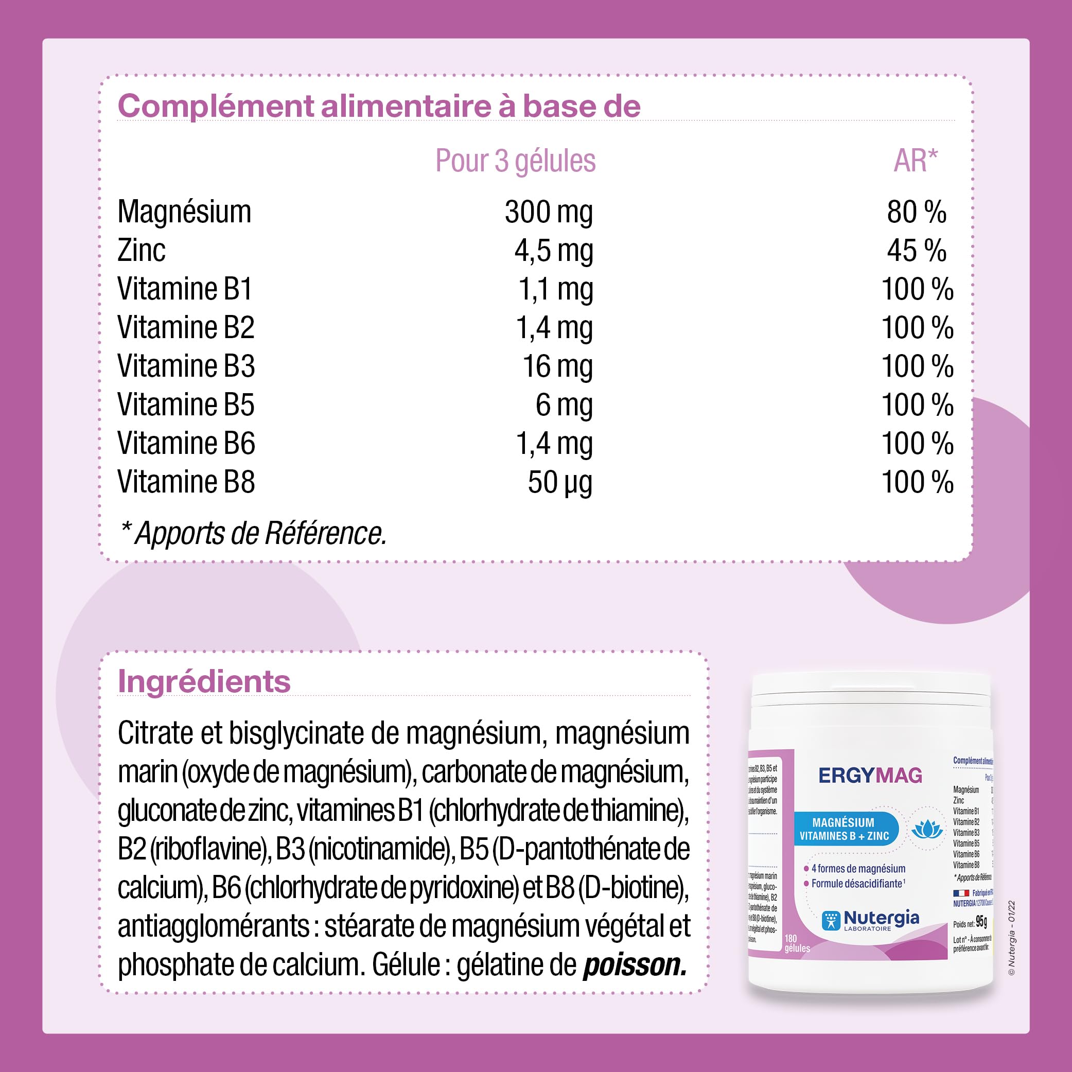 Nutergia – Magnésium, vitamines B et Zinc – Fatigue physique – 4 Sels de magnésium – formule désacidifiante – Complément alimentaire – 180 Gélules – Fabrication Française