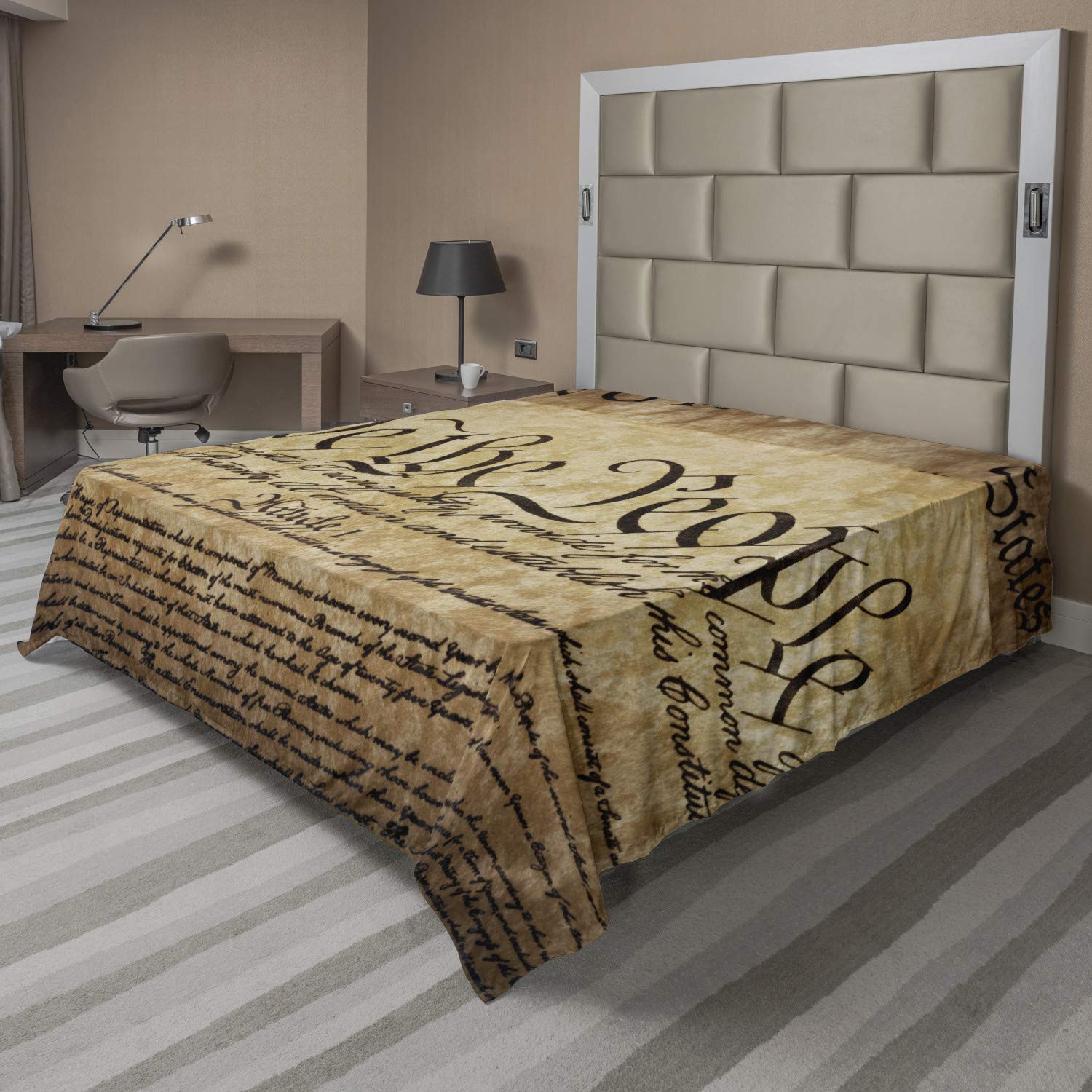 Ambesonne United States Flat Sheet, Vintage Constitution Text of America National Glory 4th of July Image, Soft Comfortable Top Sheet Decorative Bedding 1 Piece, Queen Size, Pale Brown