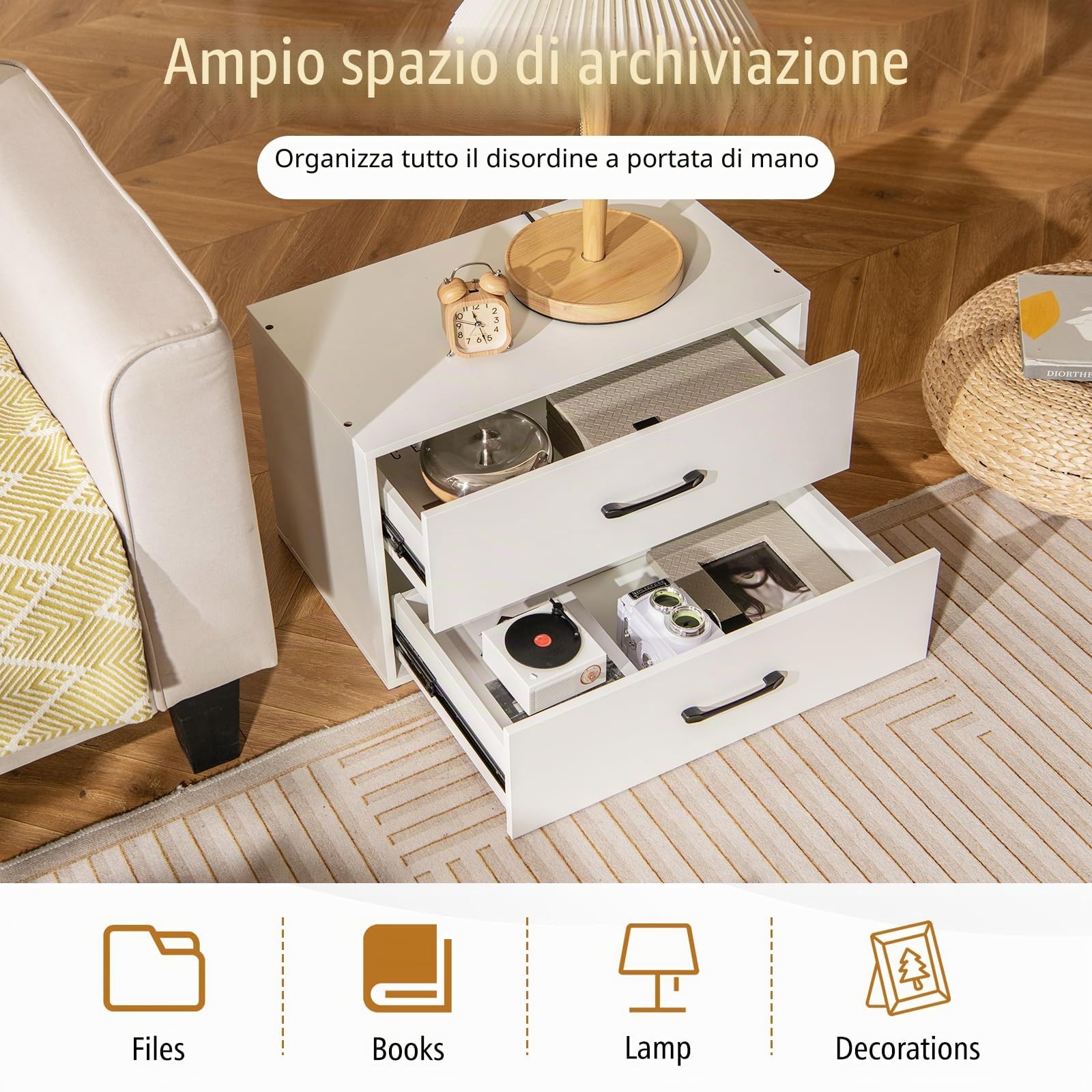 GIANTEX Cassettiera Portaoggetti con 2 Cassetti per Camera da Letto, Mobile in Legno con Kit Anti-Ribaltamento, 4 Tasselli, 60 x 34 x 38 cm, Bianco