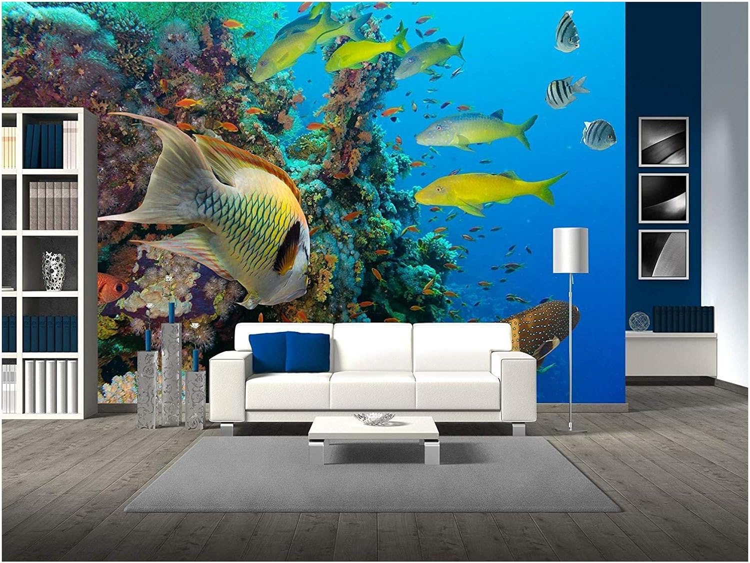 wall26 - Colorful Underwater Offshore Rocky Reef with Coral and sponges and Small Tropical Fish Swimming by in a Blue Ocean - Removable Wall Mural | Self-Adhesive Large Wallpaper - 66x96 inches