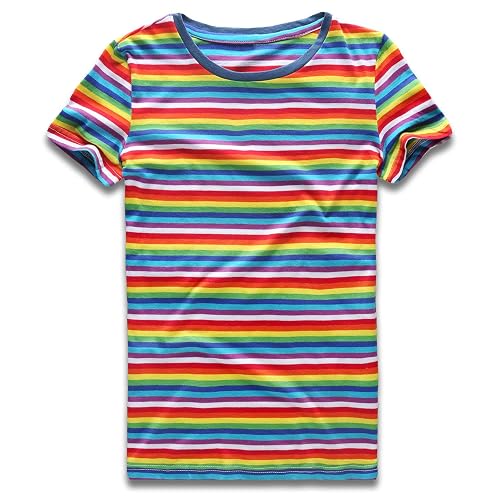 Rainbow T Shirt Women Striped Crew Neck Short Sleeve Stripes Tee Top L