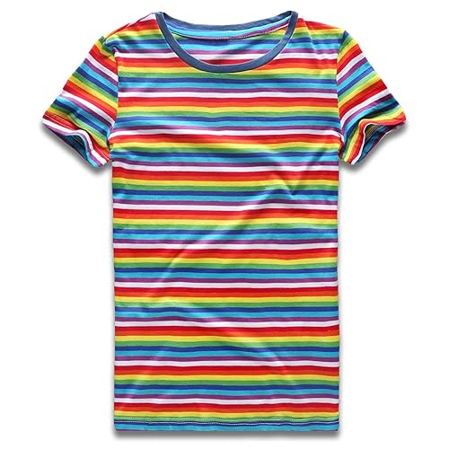 Rainbow T Shirt Women Striped Crew Neck Short Sleeve Stripes Tee Top Stripped - X-Large - Rainbow Striped