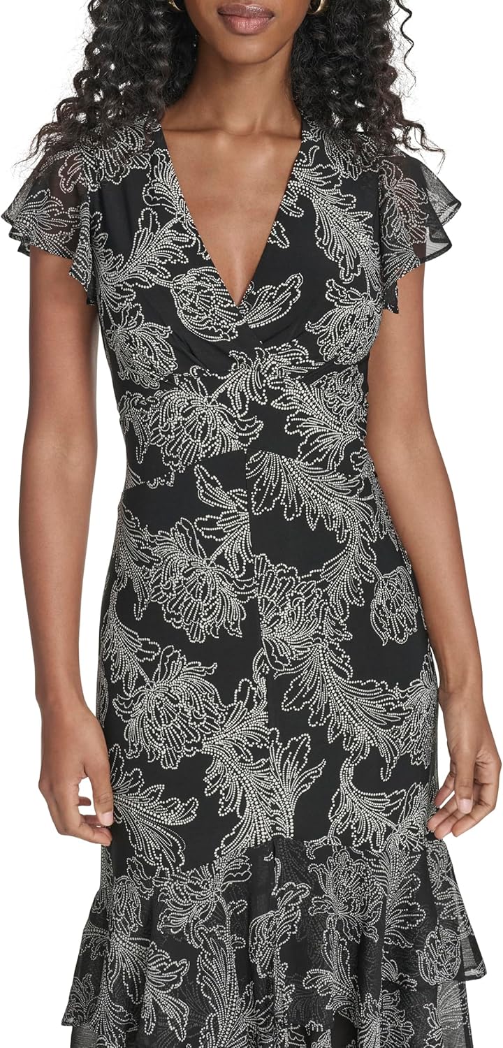 Tommy Hilfiger Womens Flutter Sleeve V-Neck Ruffle Trim Chiffon Hi Lo Dress - Image 4