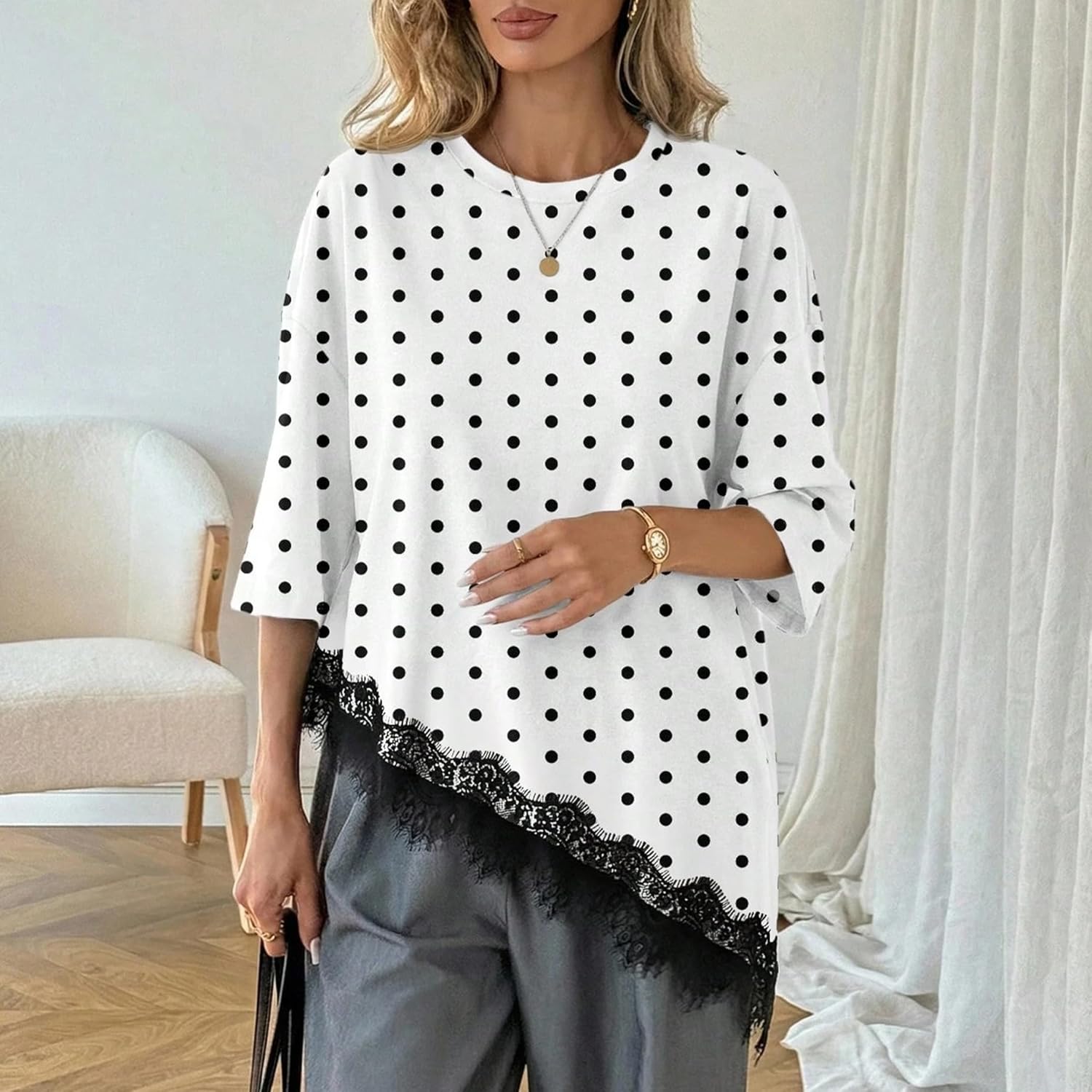 Womens Polka Dot Shirt Casual Crew Neck Asymmetric Lace Hem Tunic Top Summer Spring Vacation Beach Trendy Outfit