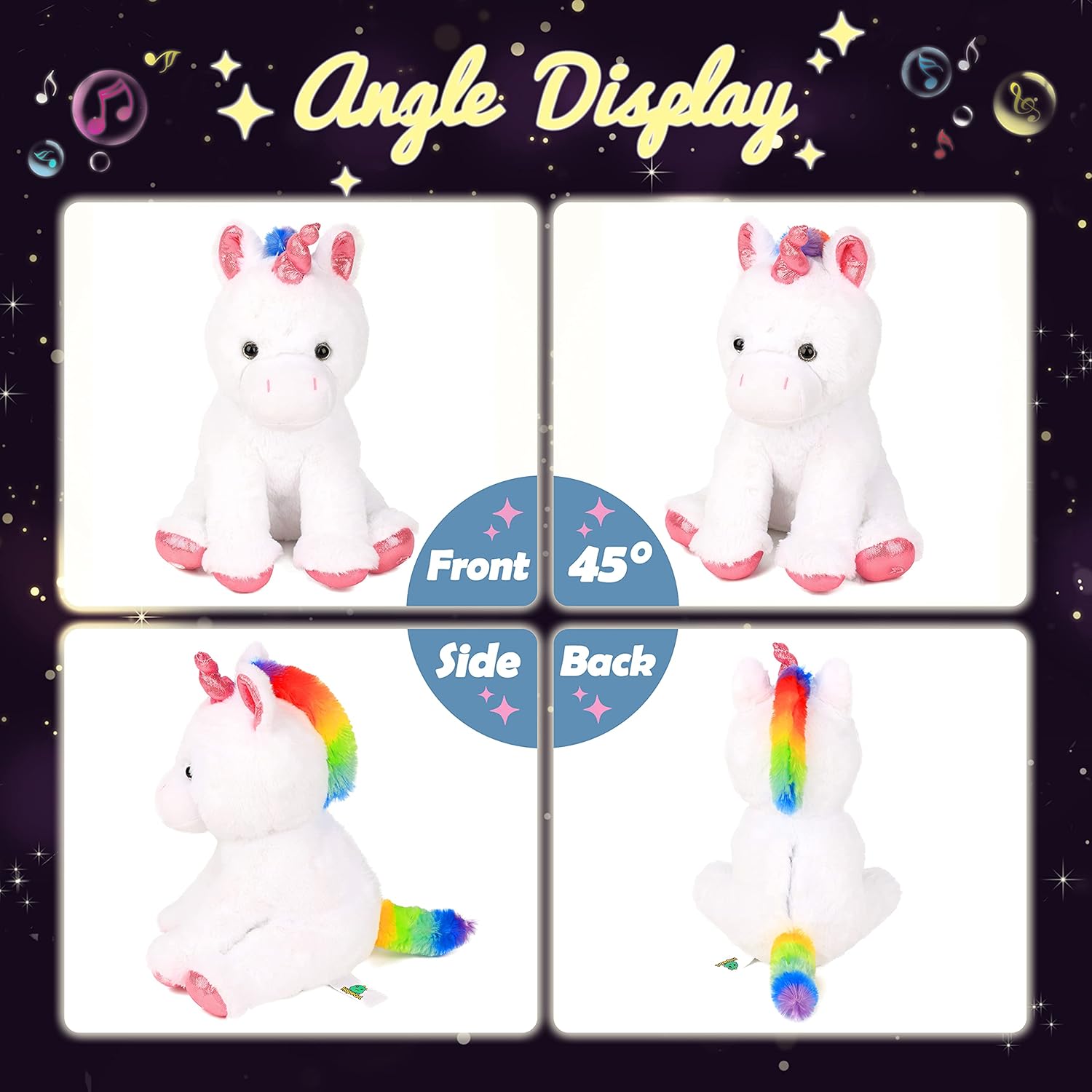 Hopearl LED Musical Stuffed Unicorn Light up Singing Plush Toy Adjustable Volume Lullaby Animated Soothe Birthday Festival for Kids Toddler Girls, White, 13'' - Image 2