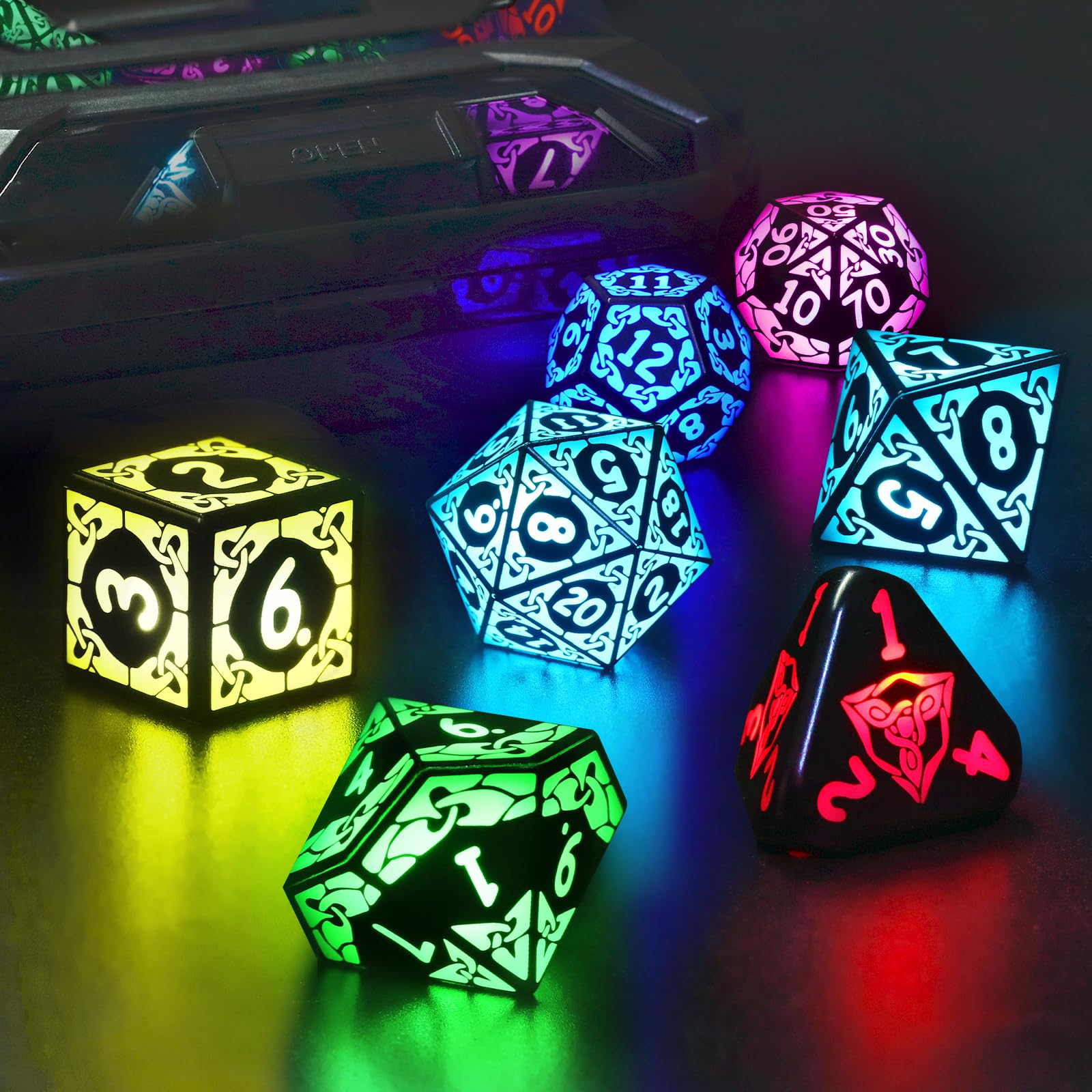 ZHOORQI LED Dice Set DND Rechargeable, DND Dice Wireless Charging, RGB Light up Dice for D and D Role Playing Dice Gifts(RGB-Shackles)
