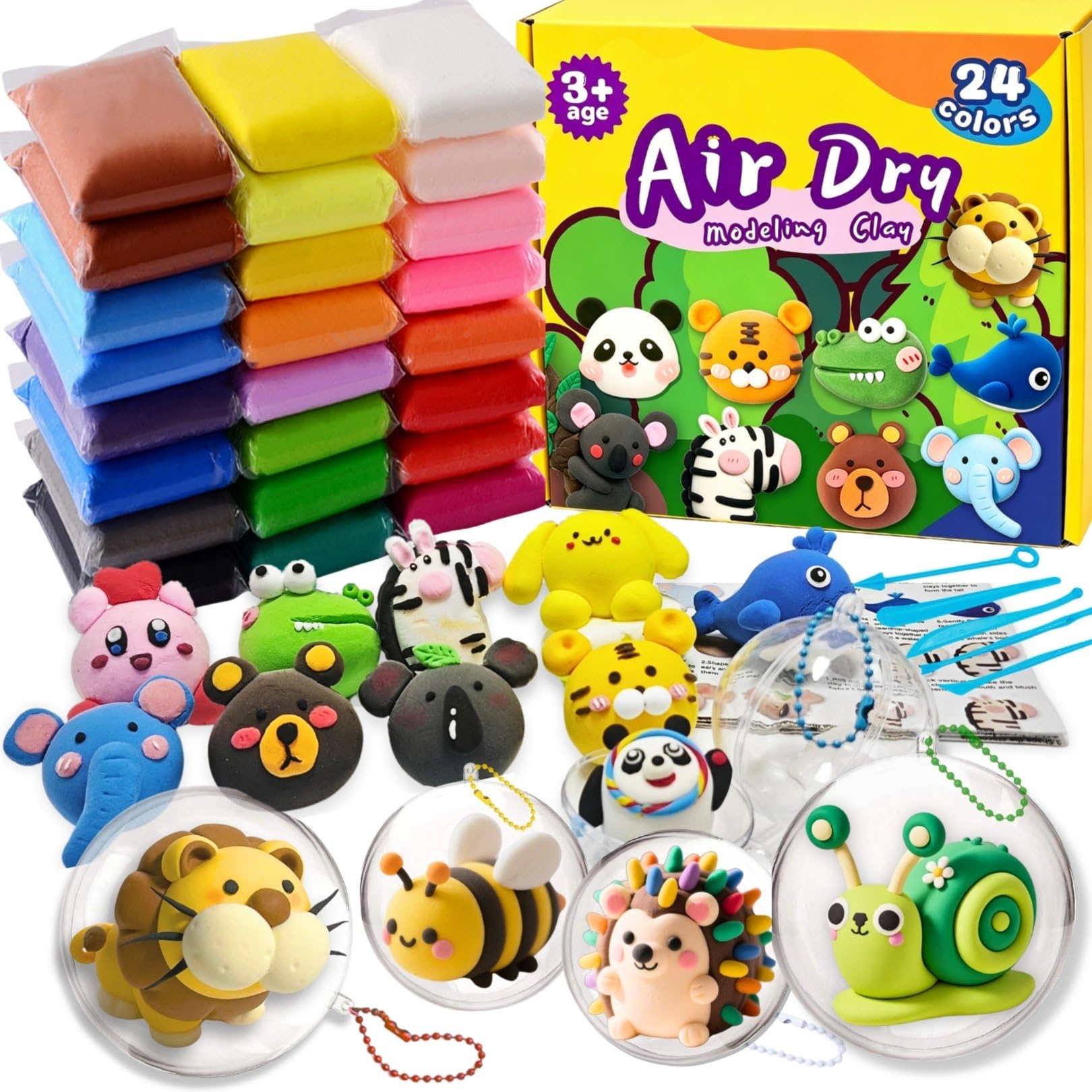 Air Dry Clay Kit,24 Colors Plasticine with 5 Pcs Tools,4 Fillable Balls,Ball Chains and Tutorials,Plasticine Modelling Clay, DIY Present for Boys & Girls