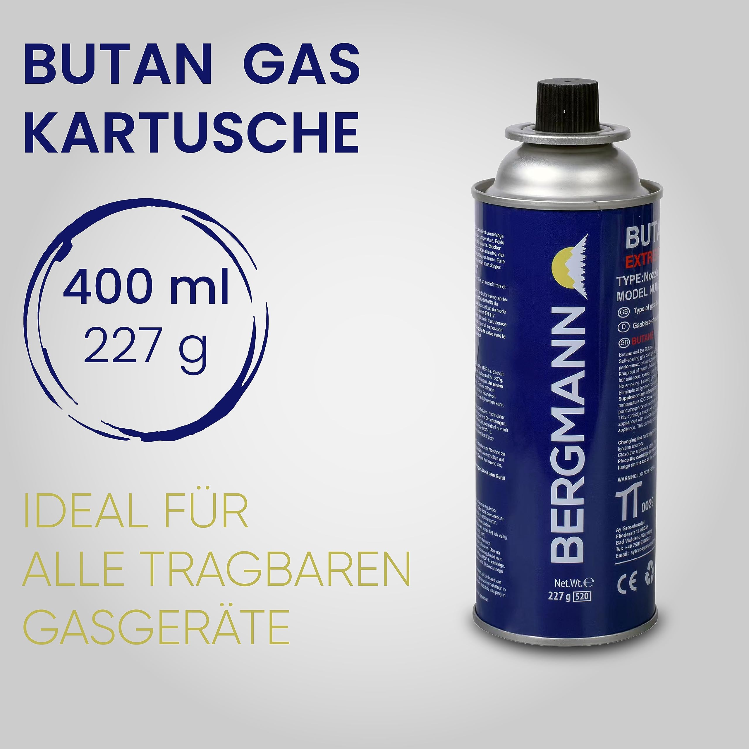 Bergmann Gaskartuschen 227g ideal für Gaskocher, Gasheizung, Gasbrenner I Butan Gaskartusche Typ MFS – 1A I Campingkocher Bunsenbrenner Gaskocher (24 Kartuschen)