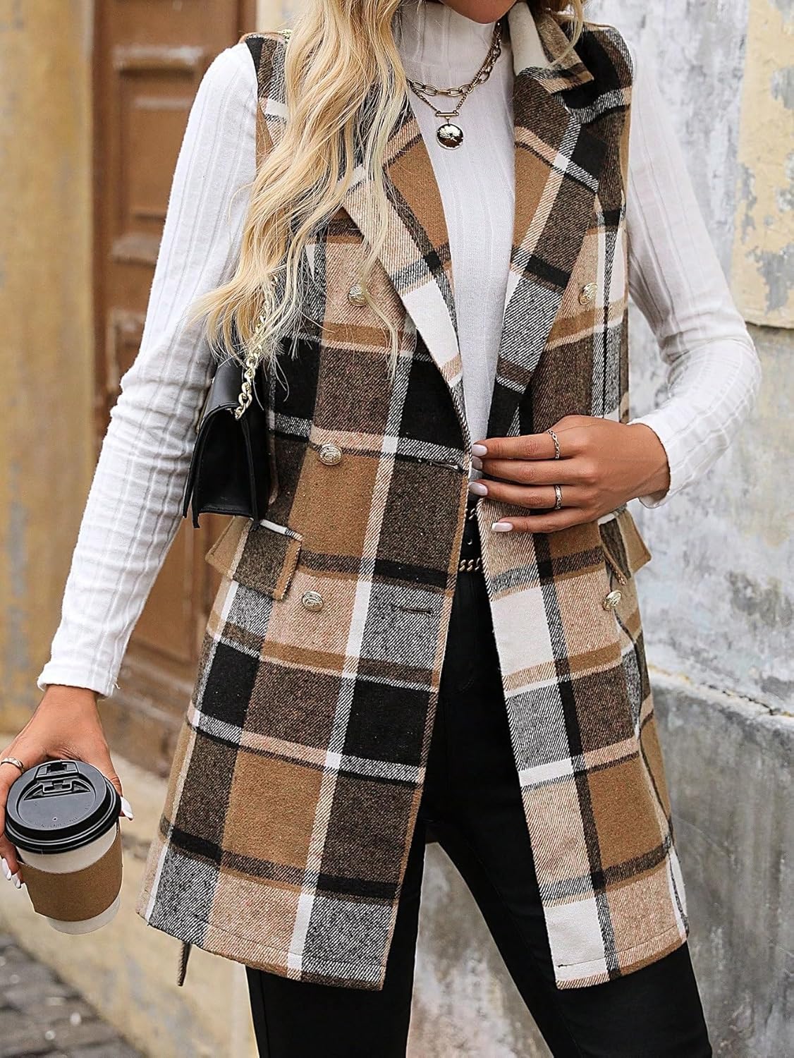 IDEALSANXUN Womens Double Breasted Plaid Vest Tops Fall Winter Sleeveless Blazer Jackets - Image 4