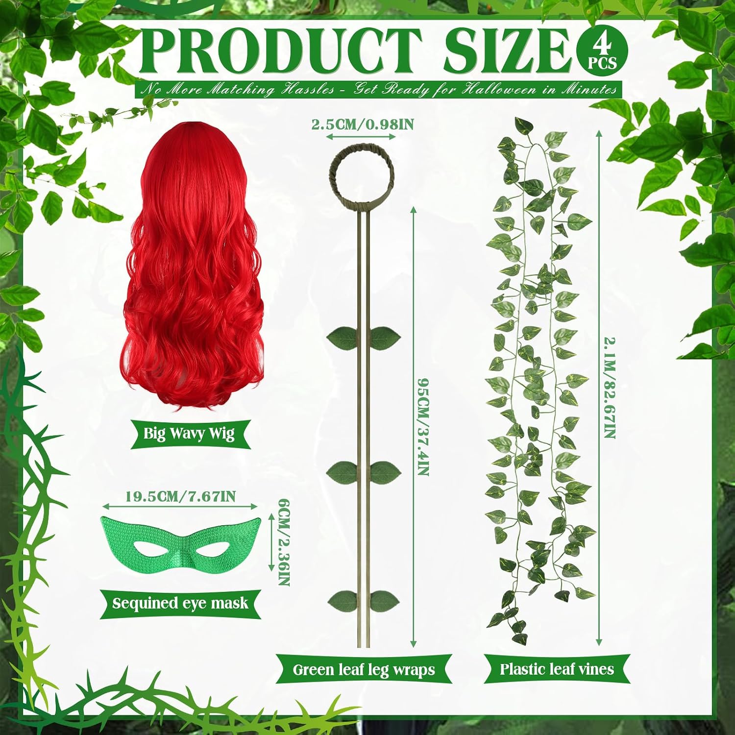 Women Green Cosplay Costume Accessories Red Wavy Wig and Green Leaf Leggings Sequined Eye Mask Plastic Leaf Vines Cosplay Costume Accessories for Christmas Halloween