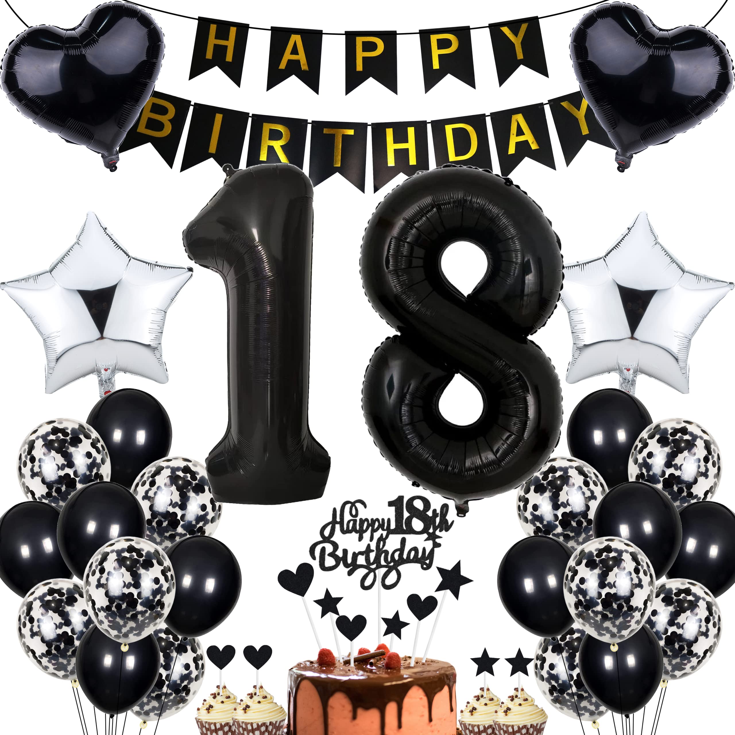 Jrzyhi Balloon 18th Birthday Decoration - Party Decoration Black Cake Decoration for Boys and Girls - Birthday Decoration 18 Years