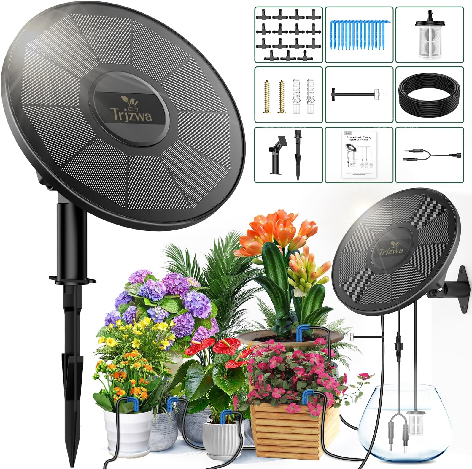 TRJZWA Solar Irrigation System Kit,2024 New Solar Plant Watering Devices DIY Automatic Watering System,2200mAh Solar Drip Irrigation System with 15 Drippers/15m Watering Hose/Early Warning Function