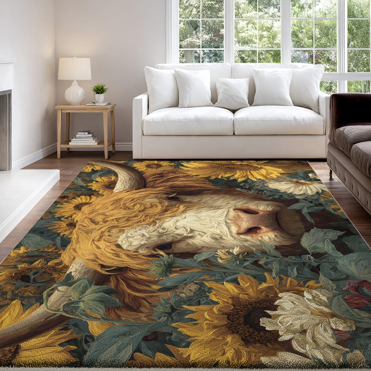 Generisch Retro Kuh Sonnenblumen Fantasie Kurzflor Teppich, Waschbarer Flauschig Teppich, 60 x 90 cm Wohnzimmer Anti Rutsch Extra Große Teppiche Schlafzimmer Weich Teppiche Senfgelb