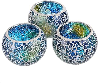 OwnMy Set of 3 Blue Mosaic Glass Tea Light Holders - Sparkly Votive Candle Stands, Potted Plant Bowls & Wedding Table Centerpieces