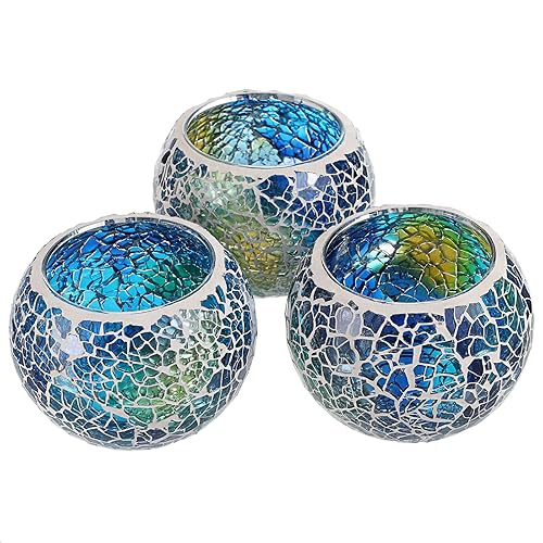 OwnMy Set of 3 Blue Mosaic Glass Tea Light Holders