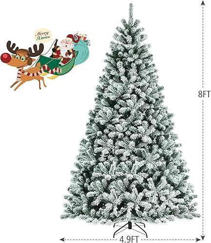 Miniatura 7 de Happygrill Árbol de Navidad artificial flocado de 8 pies con bisagras, árbol de Navidad artificial preiluminado con 1,502 puntas de rama, 650 luces