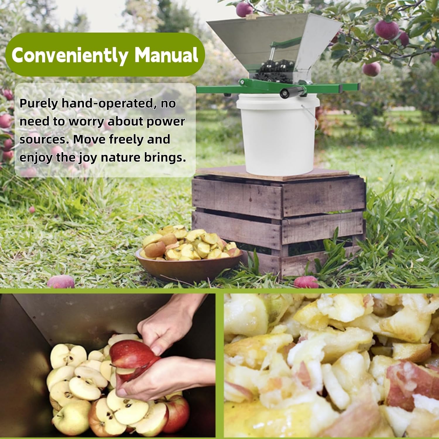 Manual Apple & Grape Crusher, 7L Stainless Steel Hopper Fruit Grinder & Scratter for Cider Press, Wine Making & Juice Extraction, Heavy-Duty Hand Crank Apple Grinder (Green-Apple Crusher)
