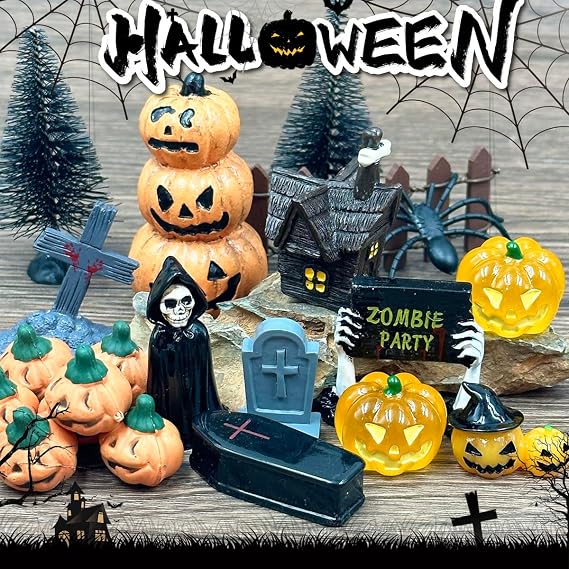 Suartus Halloween Village Accessories Ornaments - 46Pcs Miniature Pumpkin Skeleton Tombstones Spider Pinetrees Figurines Resin Horror Village Mini Halloween Figurines for Hallowmas Town Party Decor