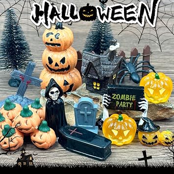 Suartus Halloween Village Accessories Ornaments - 46Pcs Miniature Pumpkin Skeleton Tombstones Spider Pinetrees Figurines Resin Horror Village Mini Halloween Figurines for Hallowmas Town Party Decor
