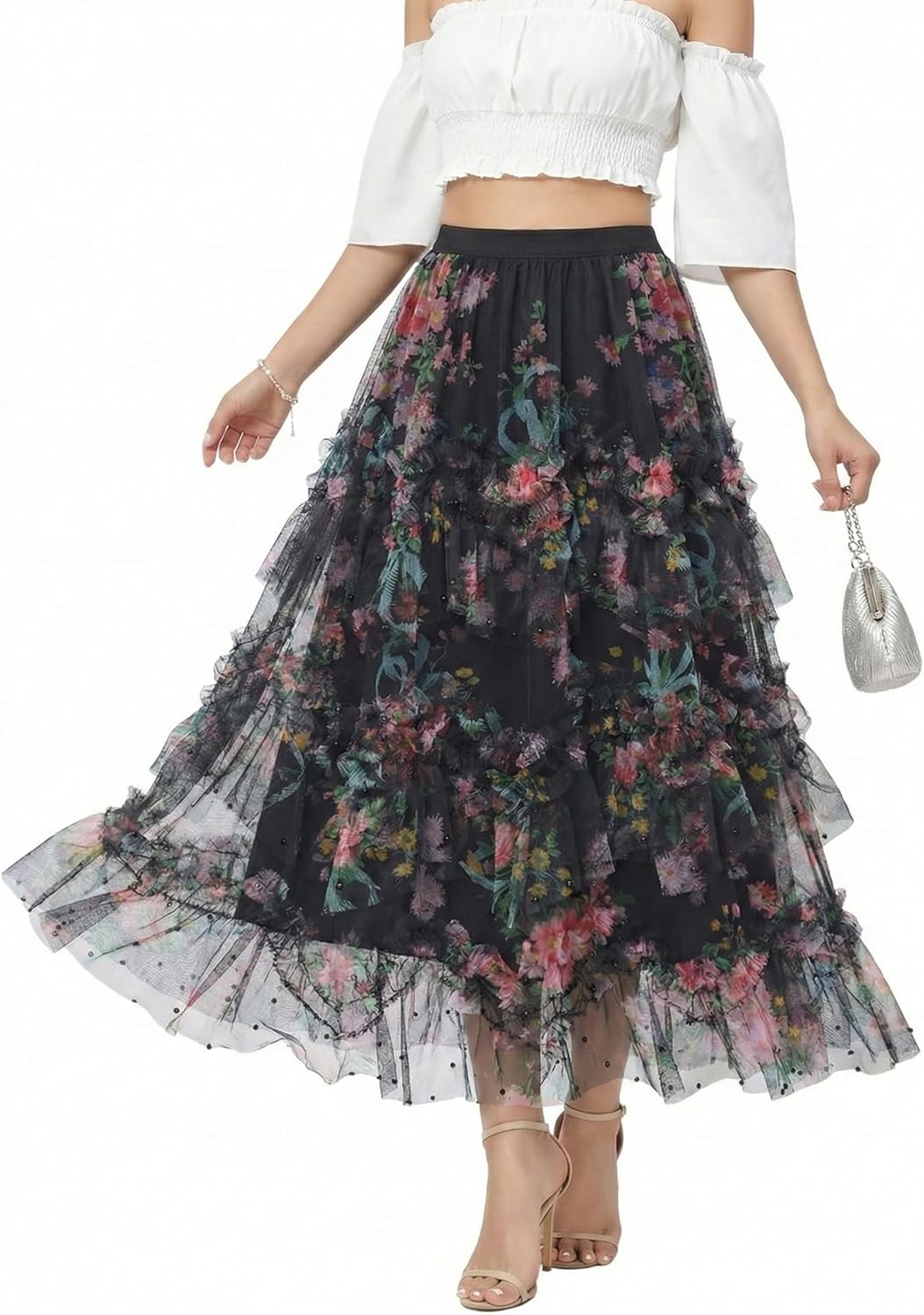 Kisidoo Sparkly Tulle Skirt for Women Floral Beaded Tiered Midi Length High Waist A Line Fairy Cake Party Skirt