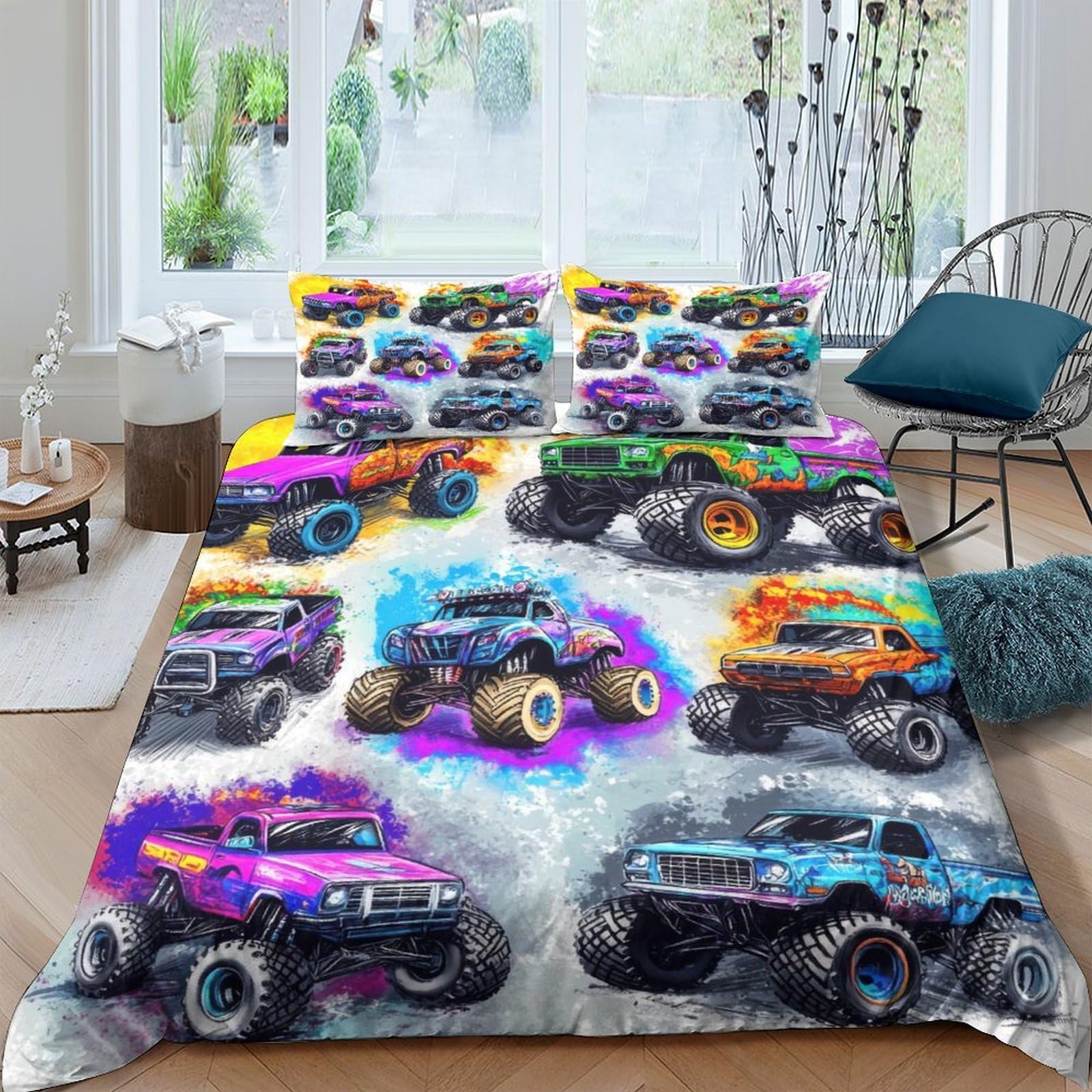 GPLZQXKJNH 3D Printed Monster Truck Duvet Cover Set Microfiber Soft Breathable Racing Car Bedding Set with 2 Pillowcases for Bedroom Decor Single（135x200cm）