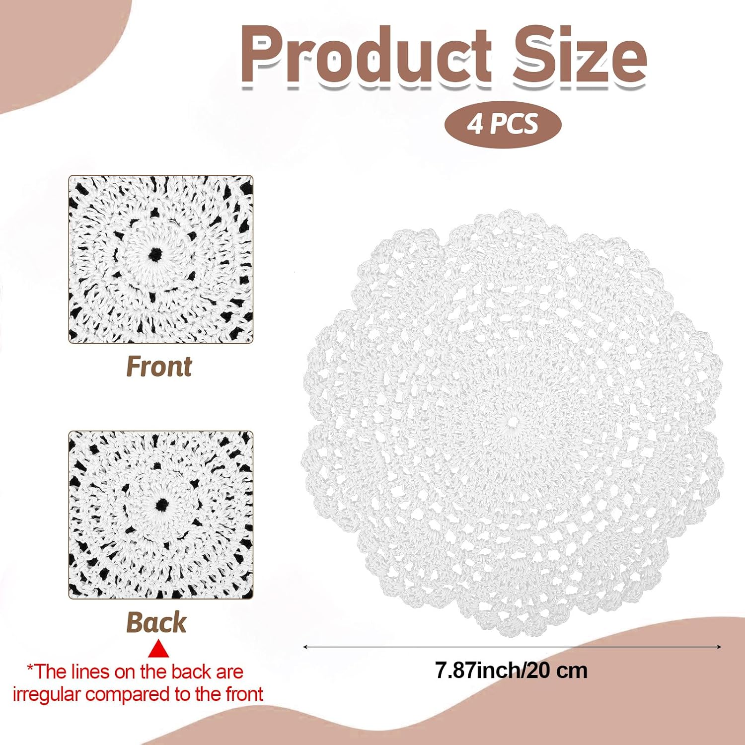 4pcs White Cotton Lace Doilies for Tables 8 Inches Round Vintage Crochet Placemats Cotton Handmade Crafts Tables Food Bulk Doily Cloth Corrugated Edge Knitted Coasters or Wedding Birthday Party Decor