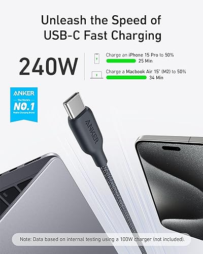 Miniatura 2 de Anker Cable USB C, cable de carga rápida tipo C bio-trenzado de 240 W para iPhone serie 17, MacBook Pro 2020, iPad Pro y más (USB 2.0, 10 pies,