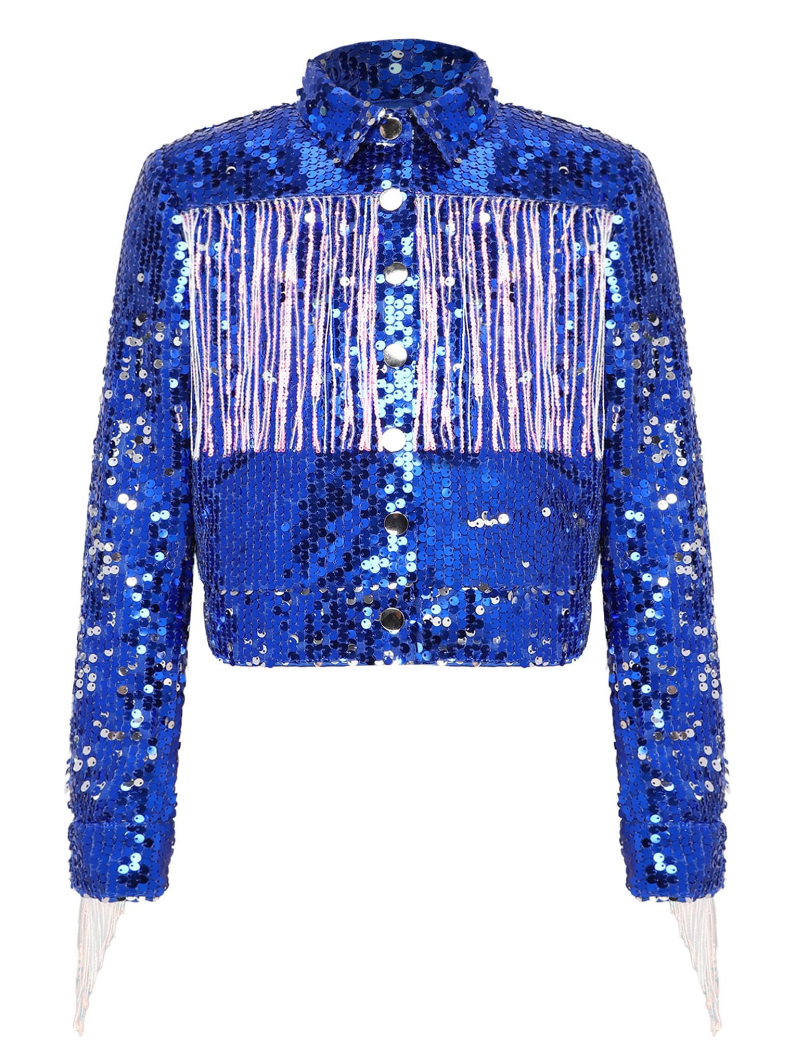 Linjinx Mädchen Pailletten Jacke Glänzend Festliche Jacke Boho Cardigen Fransenjacke Elegant Oxford Hemd Glitzer Tanzjacke Halloween Kostüm