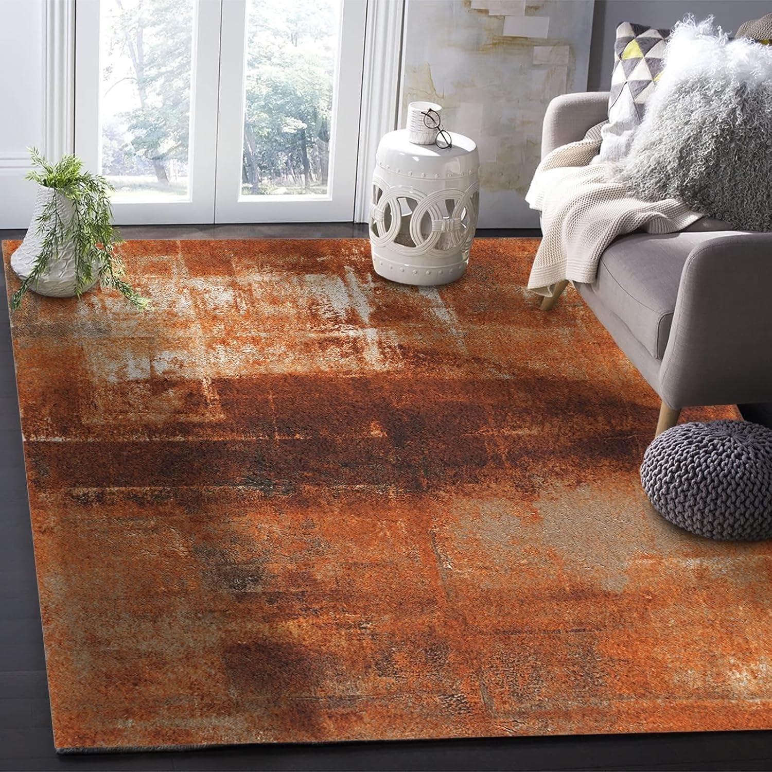 Burnt Orange Modern Abstract Geometric Oil Painting Art Area Rug, Indoor Non-Slip Kids Rugs, Machine Washable Breathable Durable Carpet for Bedroom Living Room Floor Decor（5x7ft）