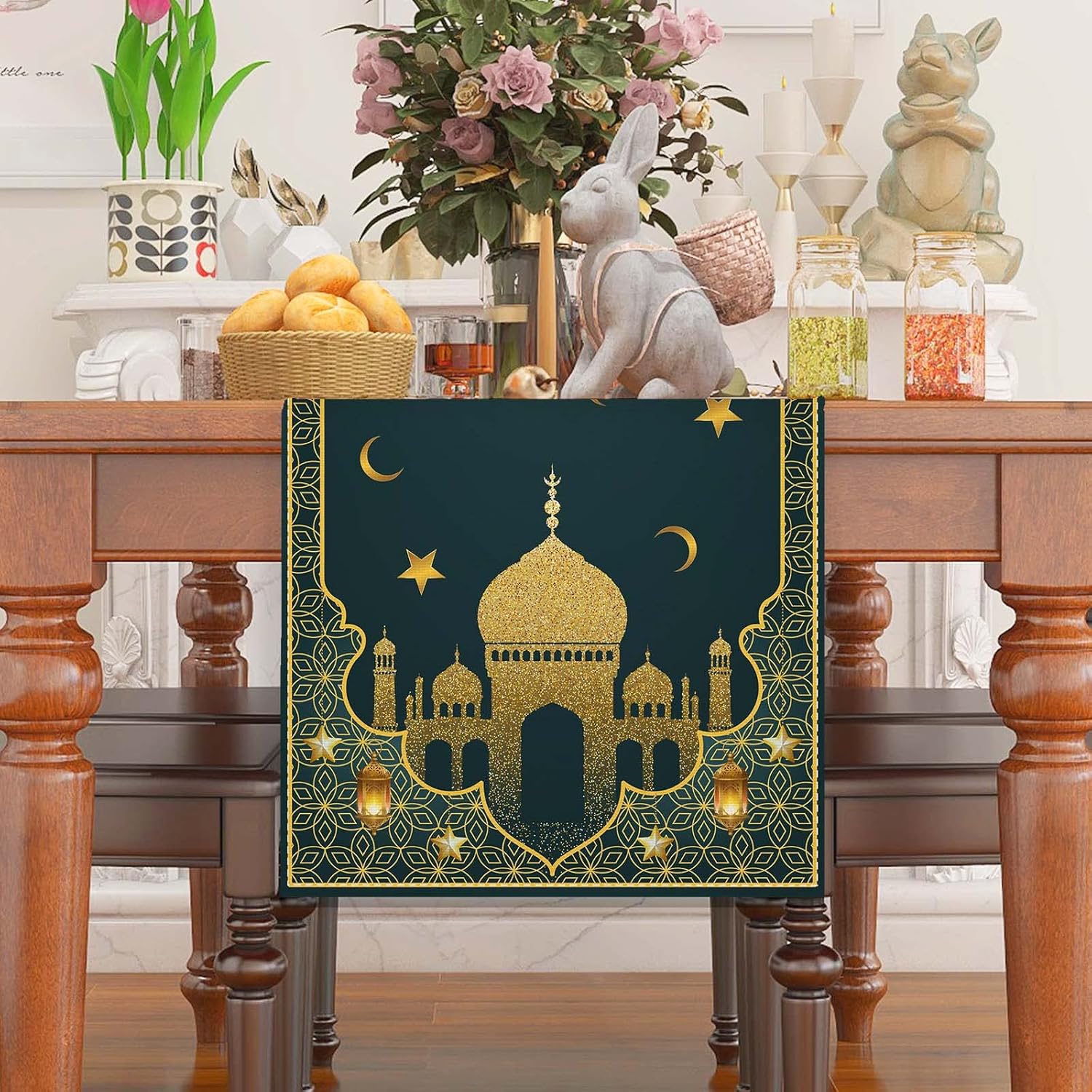 Eid Mubarak – Camino de mesa, decoración de mesa de Ramadán blanco y dorado, decoración islámica
