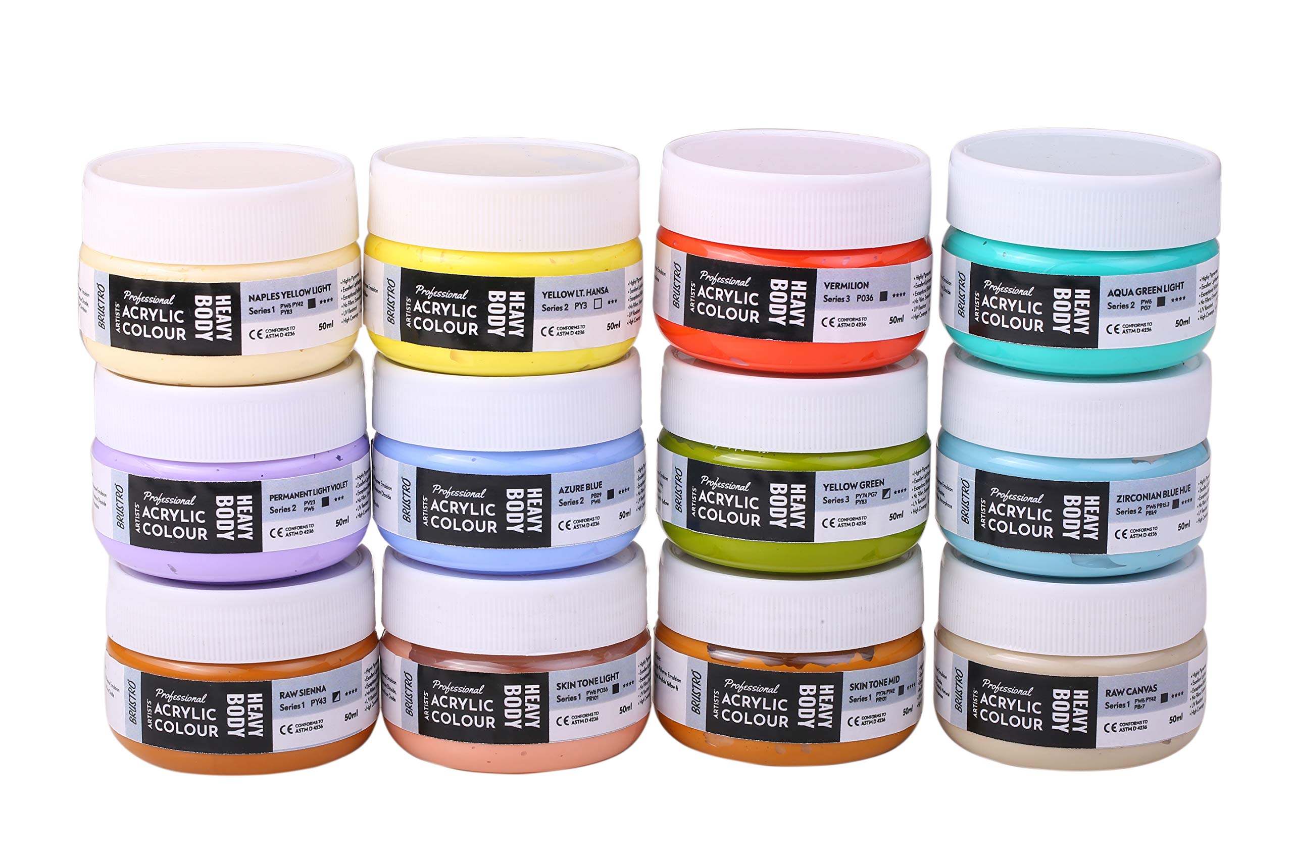 BRUSTRO Acrylfarben-Packungen für professionelle Künstler, 50 ml, Pastellfarben, ideal für Leinwand, Impasto und strukturierte Maltechniken, Dimensionseffekte, Pinselstriche, 12 Stück