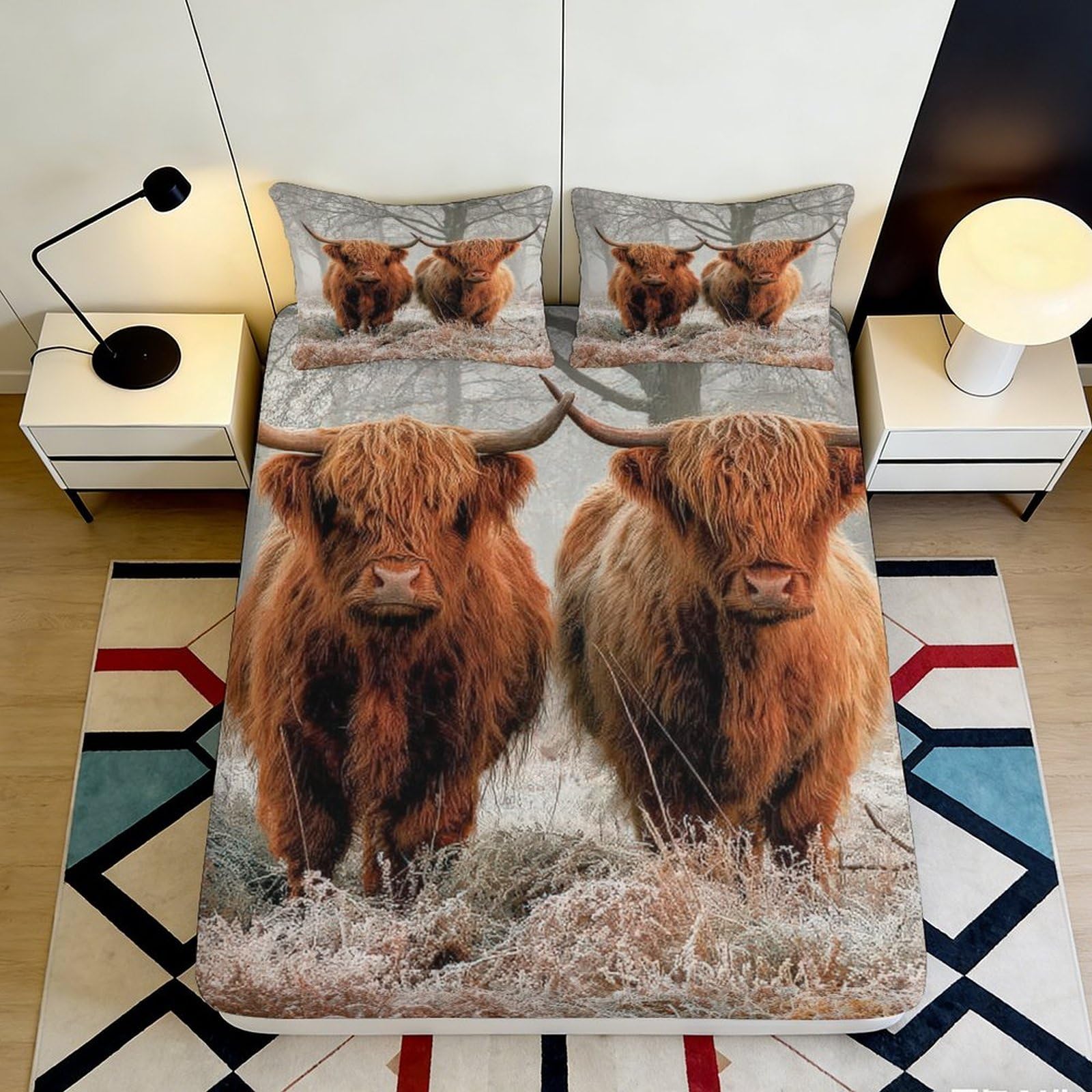 3D Printed Highland Cattle Fitted Sheet Microfiber Soft Durable Brown Bull Bed Cover for Bedroom Dormitory Guest Room Mattress Protection Home Decor 160x200x25cm