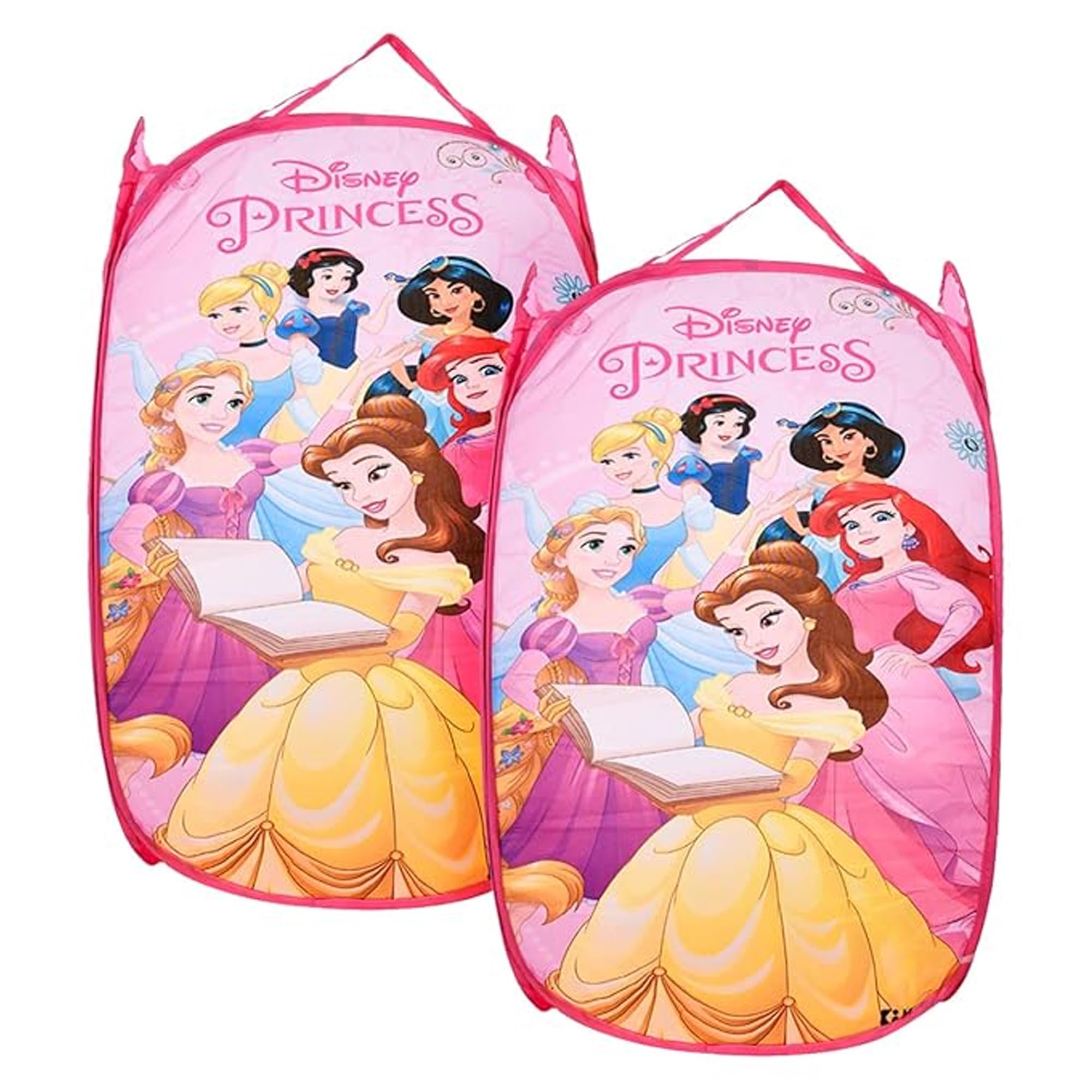 Kuber Industries (Pack of 2) Mesh Laundry Basket | Disney Princess Print | 30 Ltr-Foldable Toy Storage Basket | Nylon Waste Clothes Laundry with Handle | Pink
