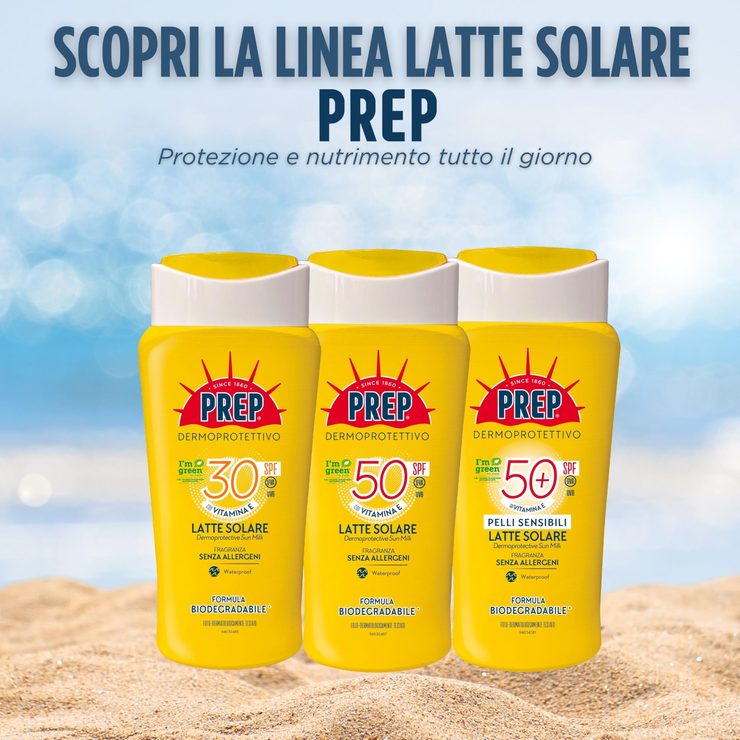 Prep, Latte Solare SPF50+ Protezione Pelli Sensibili, Protezione Raggi UVA/UVB, Con Vitamina E, Succo di Aloe Bio, Senza Parabeni, Allergeni, Fragrance Free, 200ml