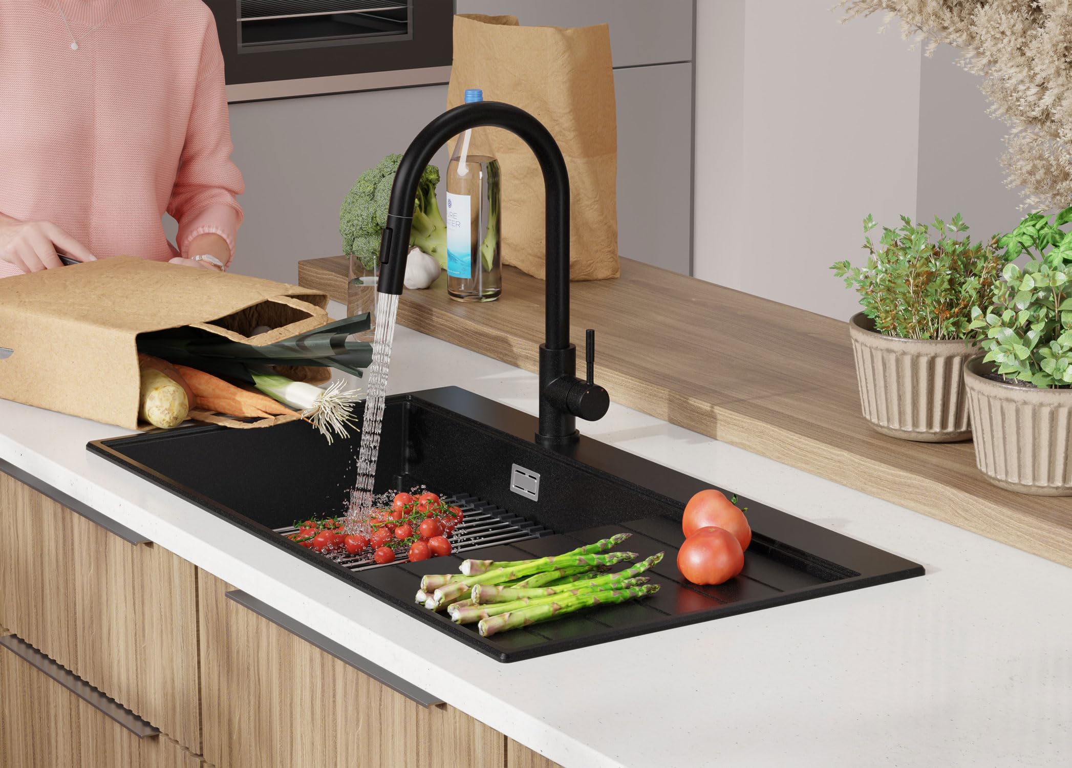 PRIMAGRAN Granitspüle Alles Schwarz - Sydney Ergo, 90x50cm | Spülbecken 1 Becken + Küchenarmatur 40x20cm + Zuberhor-Set, Küchenspüle ab 60er Unterschrank (S475)