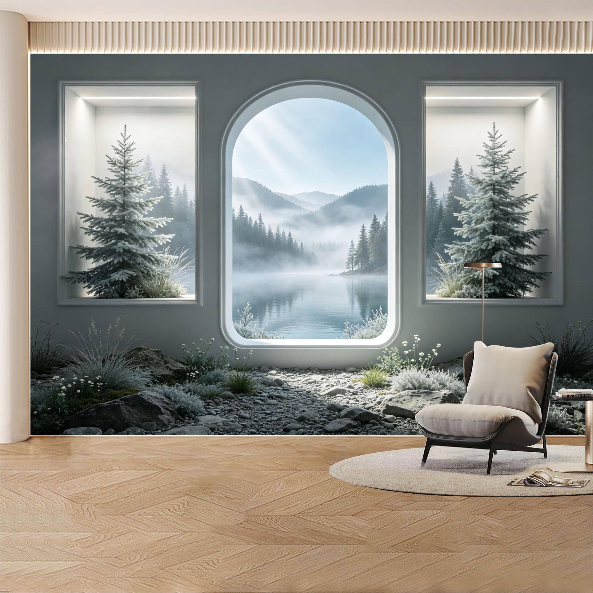 Custom Wall Mural Wallpaper Forest Lake Landscape Nature Wall Decor Nordic Misty Winter Removable SelfAdhesive Large Photo for Living Room， Bedroom， Office