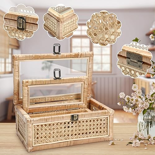 Miniatura 6 de Juego de 2 cajas decorativas de ratán bohemio con tapa de vidrio, cajas apilables rectangulares de caña tejida para exhibir cestas rústicas de