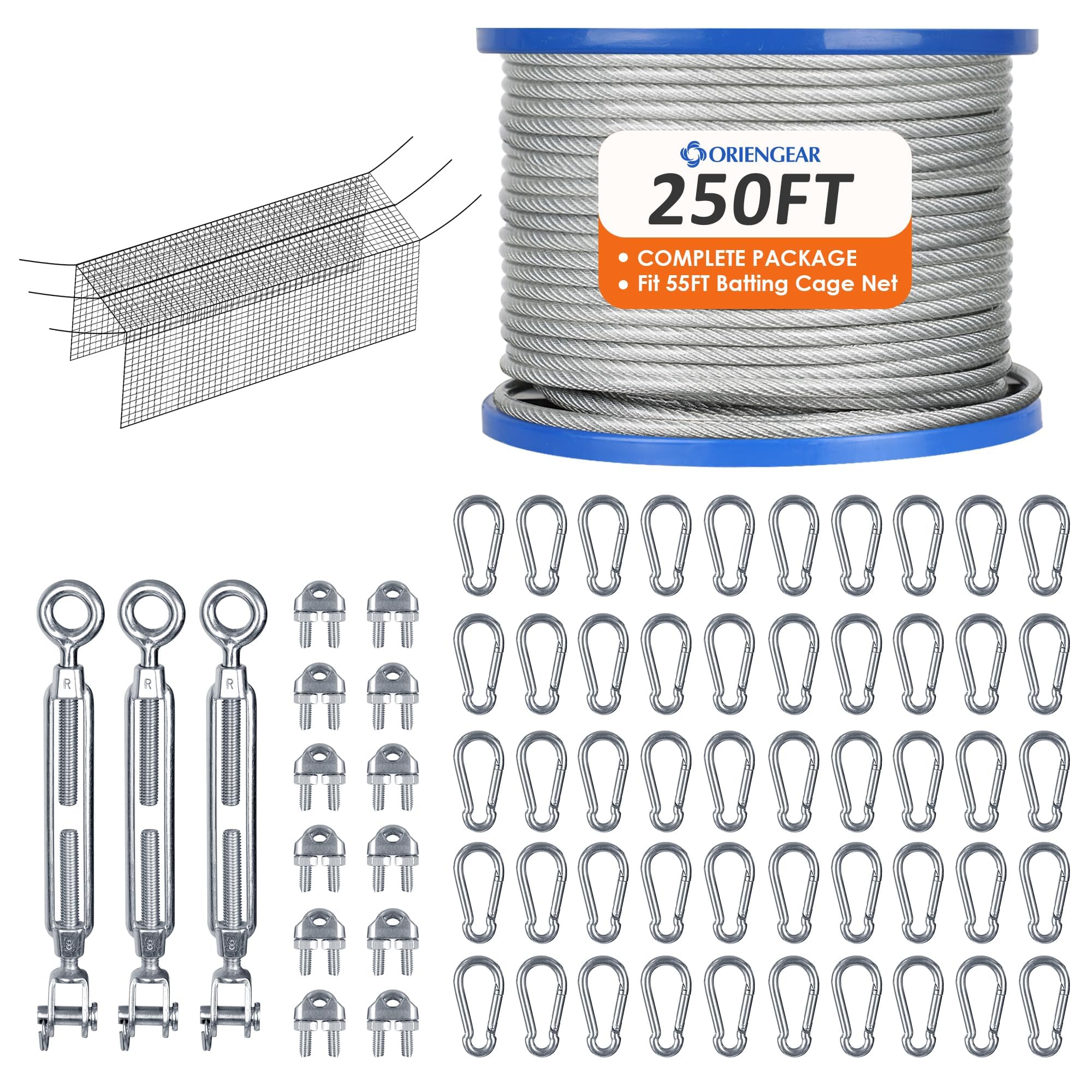ORIENGEARBatting Cage Netting Wire Kit for Baseball and Softball Included Galvanized Cable and Hook Set, Batting Cage Suspension Net Kits for Hitting Tunnels DIY, 55FT/70FT