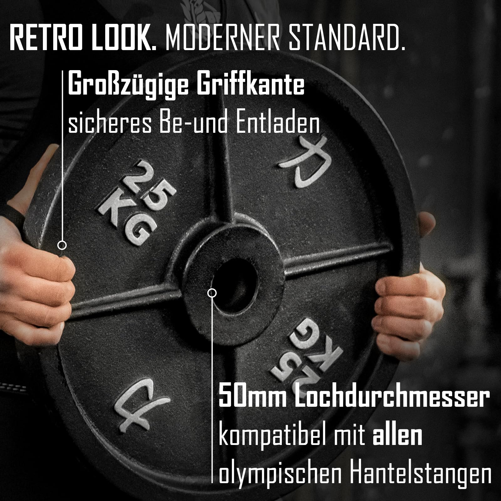 Strength Shop Hantelscheiben 50mm Loch-Ø (1.25kg - 25kg), Hantelscheiben Gusseisen mit Griffkante, Robuste Gewichtsscheiben mit sehr hoher Gewichtsgenauigkeit, ideal für Langhantel, SZ- Stange & Co.