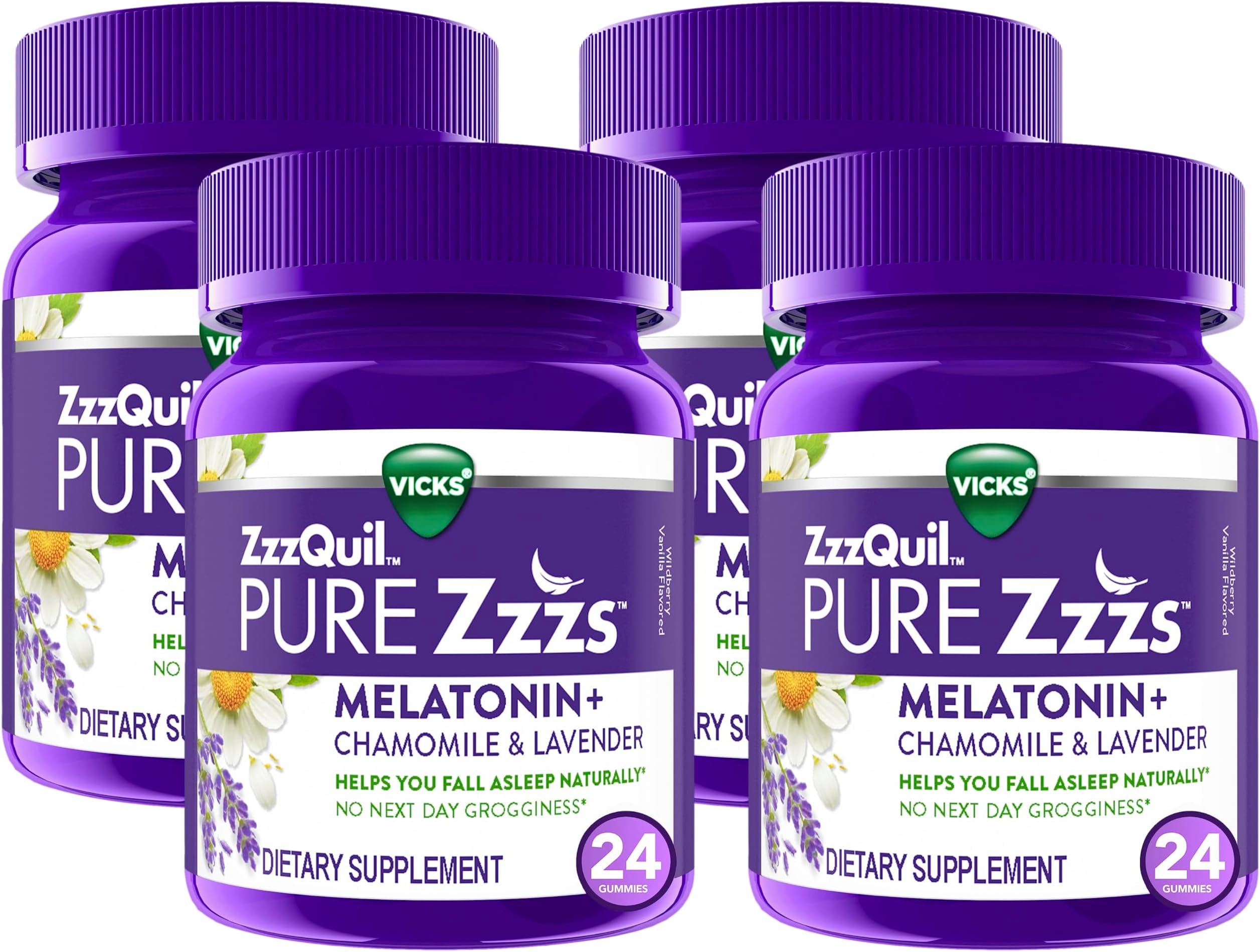 Pure Zzzs, Melatonin Sleep Aid Gummies with Lavender, Valerian Root and Chamomile, Natural Wildberry Vanilla Flavor, Non-Habit Forming, Drug-Free, 24 Gummies (Pack of 4)