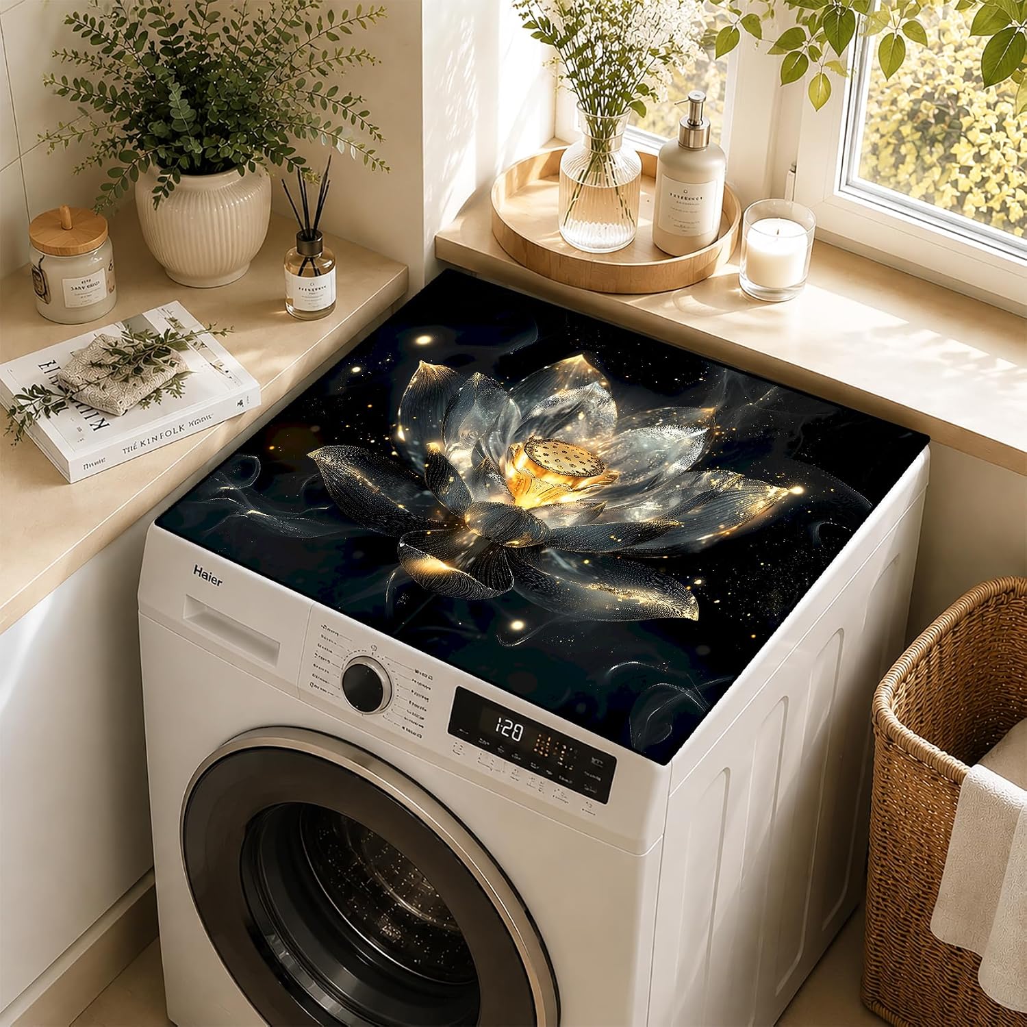 Farmhouse Dryer Mat 23.6x19.7 Inch, Galaxy Lotus Washer Dryer Cover | Elegant glowing lotus design enhances home decor while protecting dryer top from heat, scratches and dust.