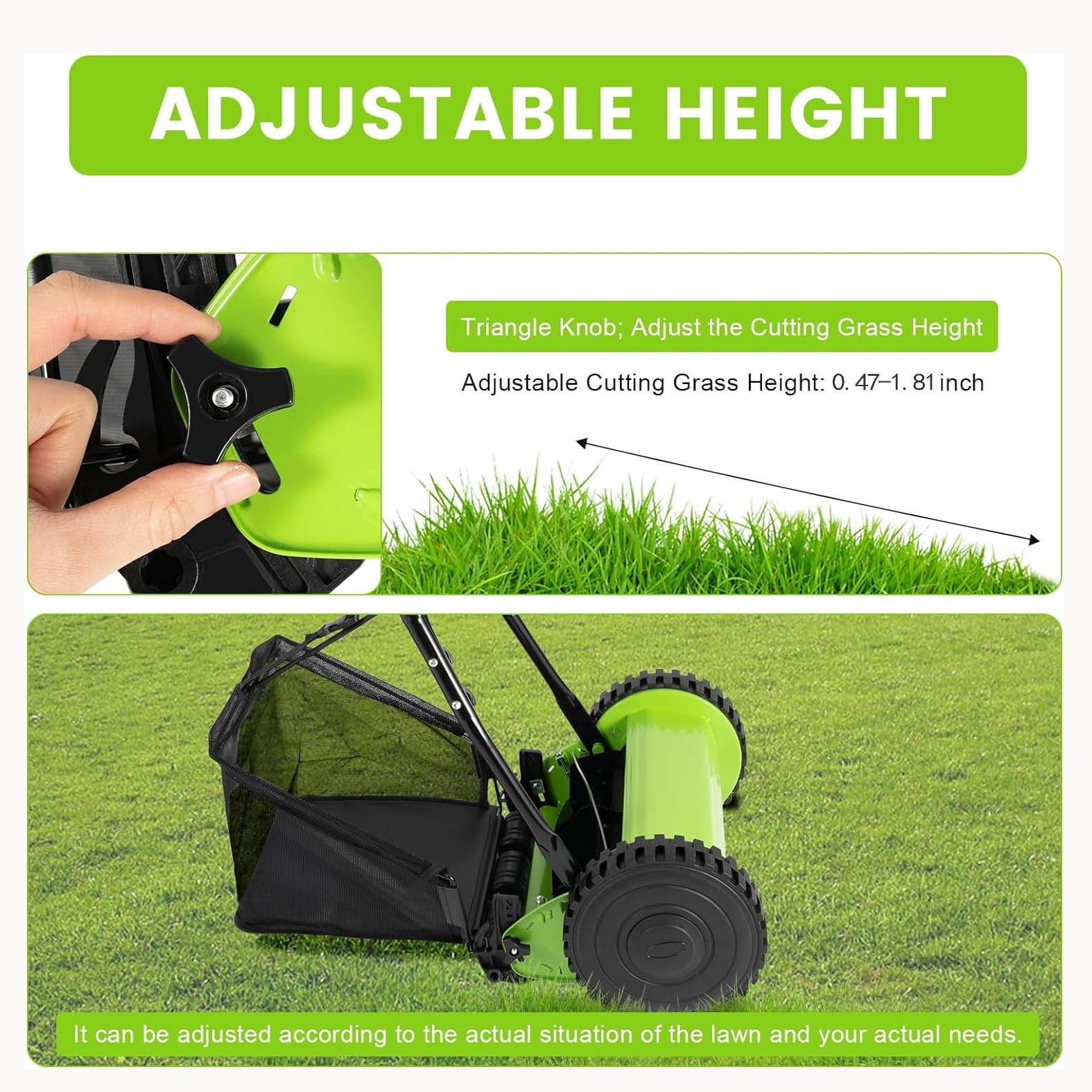 Cortacésped Manual De Carrete De Empuje De 12 Pulgadas, Barredora De Césped con Bolsa De Recolección Y 5 Cuchillas, Ajuste De Altura De 4 Posiciones, Recolección Automática De Recortes De Césped