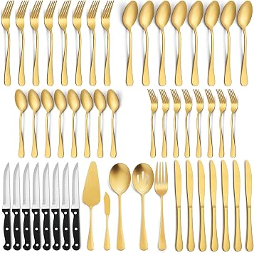 LIANYU 77-Piece Matte Gold Silverware Set with Steak Knives and Serving Utensils, Modern Stainless Steel Flatware Cutlery Set for 12, Fancy Eating Tableware