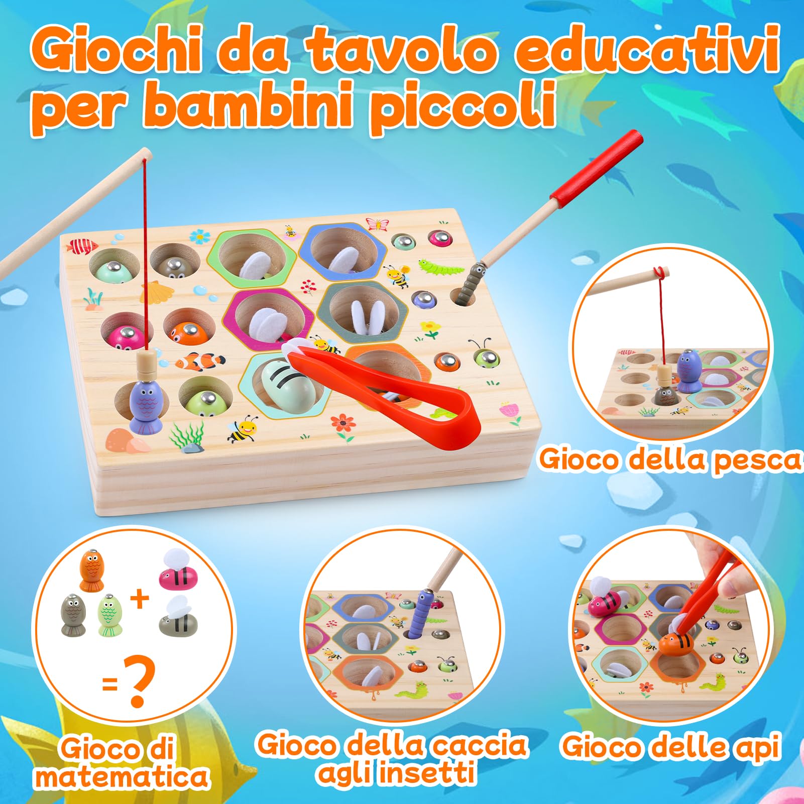 Gioco di Pesca Magnetico, 3 In 1 Giocattoli da Pesca in Legno per Bambini, Giocattoli Montessori, Giochi Educativi, Regalo per Compleanno di Natale di 3 Anni per Ragazzo e Ragazza